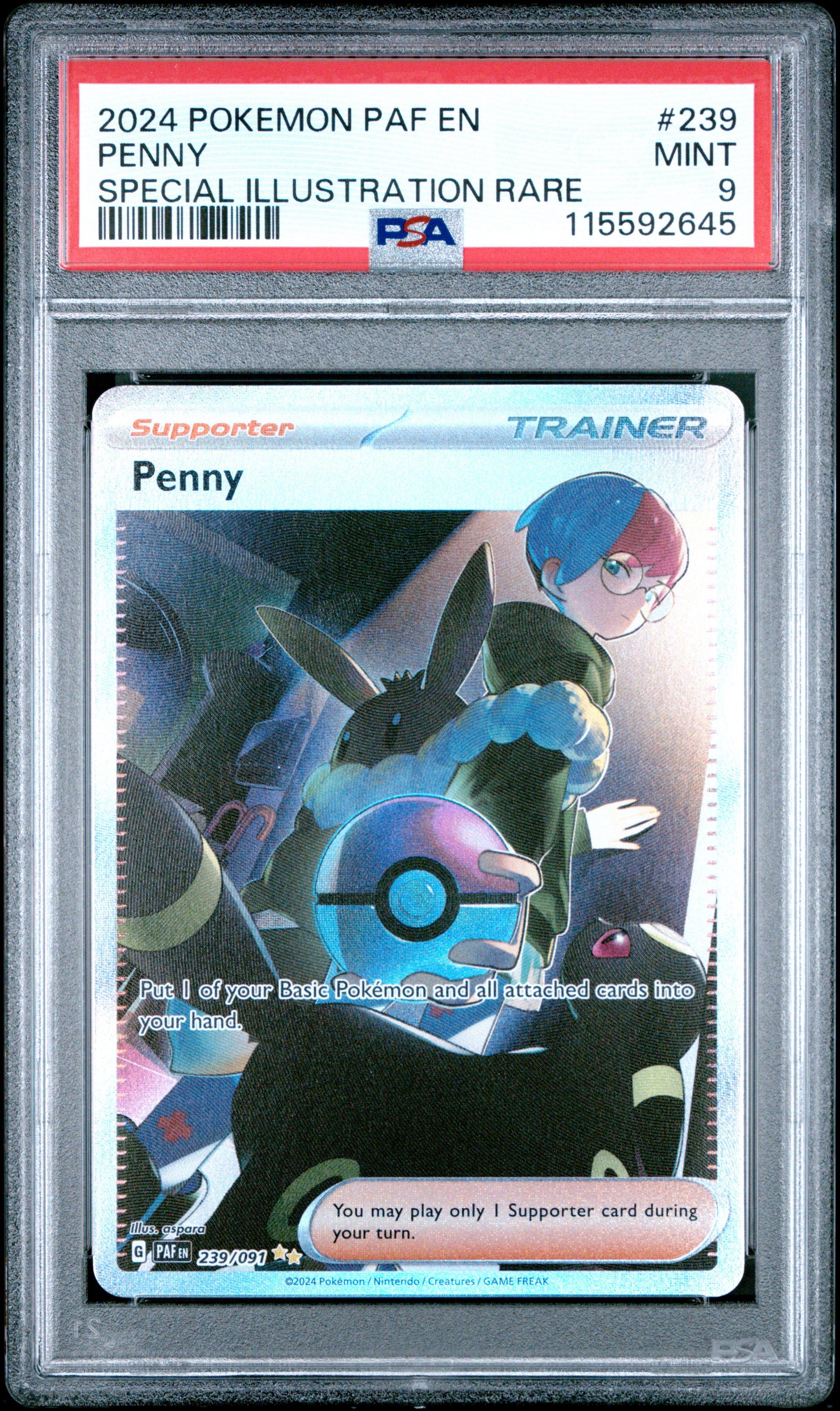 2024 Pokemon Paldean Fates 239 Penny Special Illustration Rare PSA 9