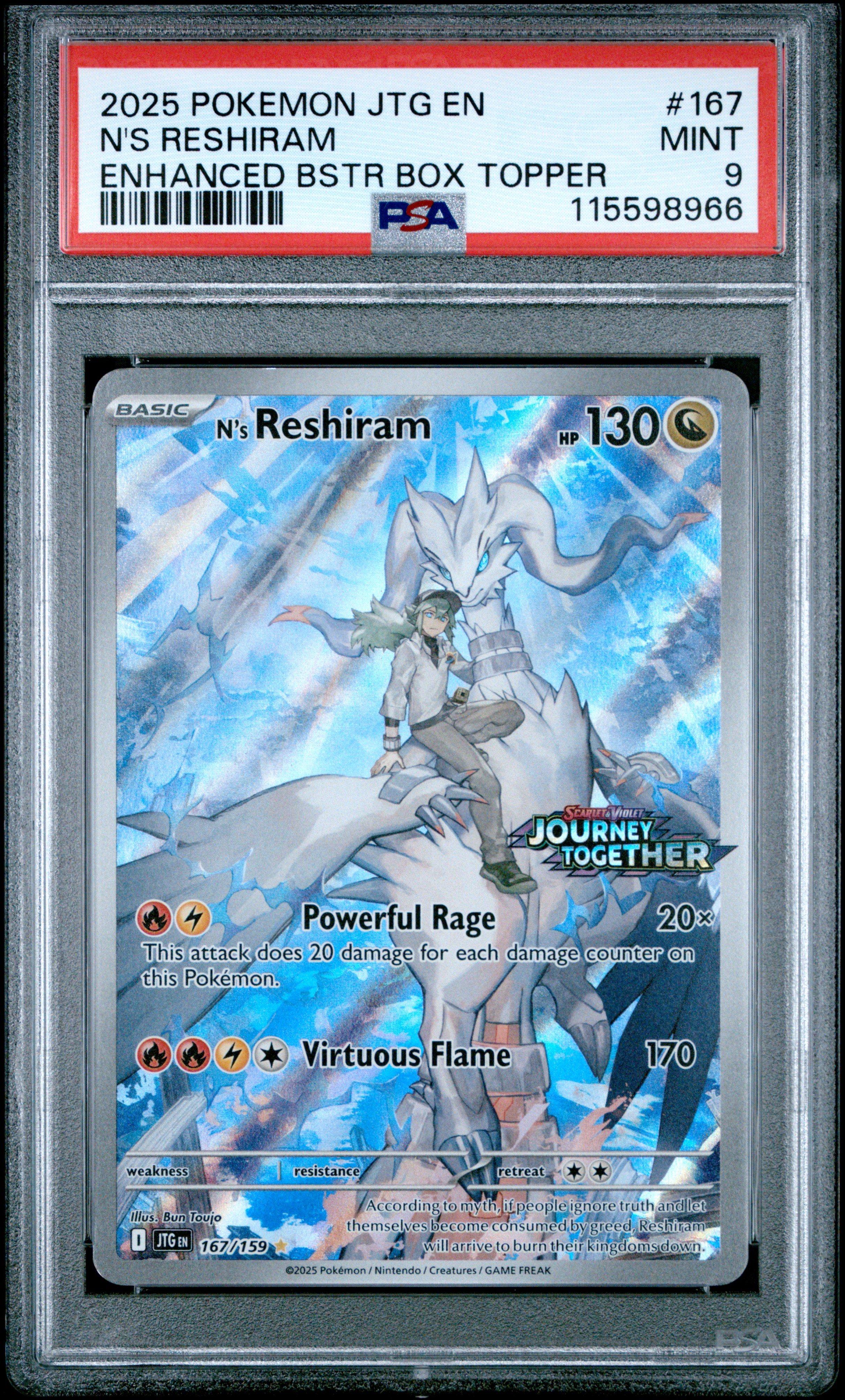 journey together booster box topper 2025 Pokemon Jtg En-journey Together 167 N's Reshiram Enhanced Booster Box  Topper PSA 9