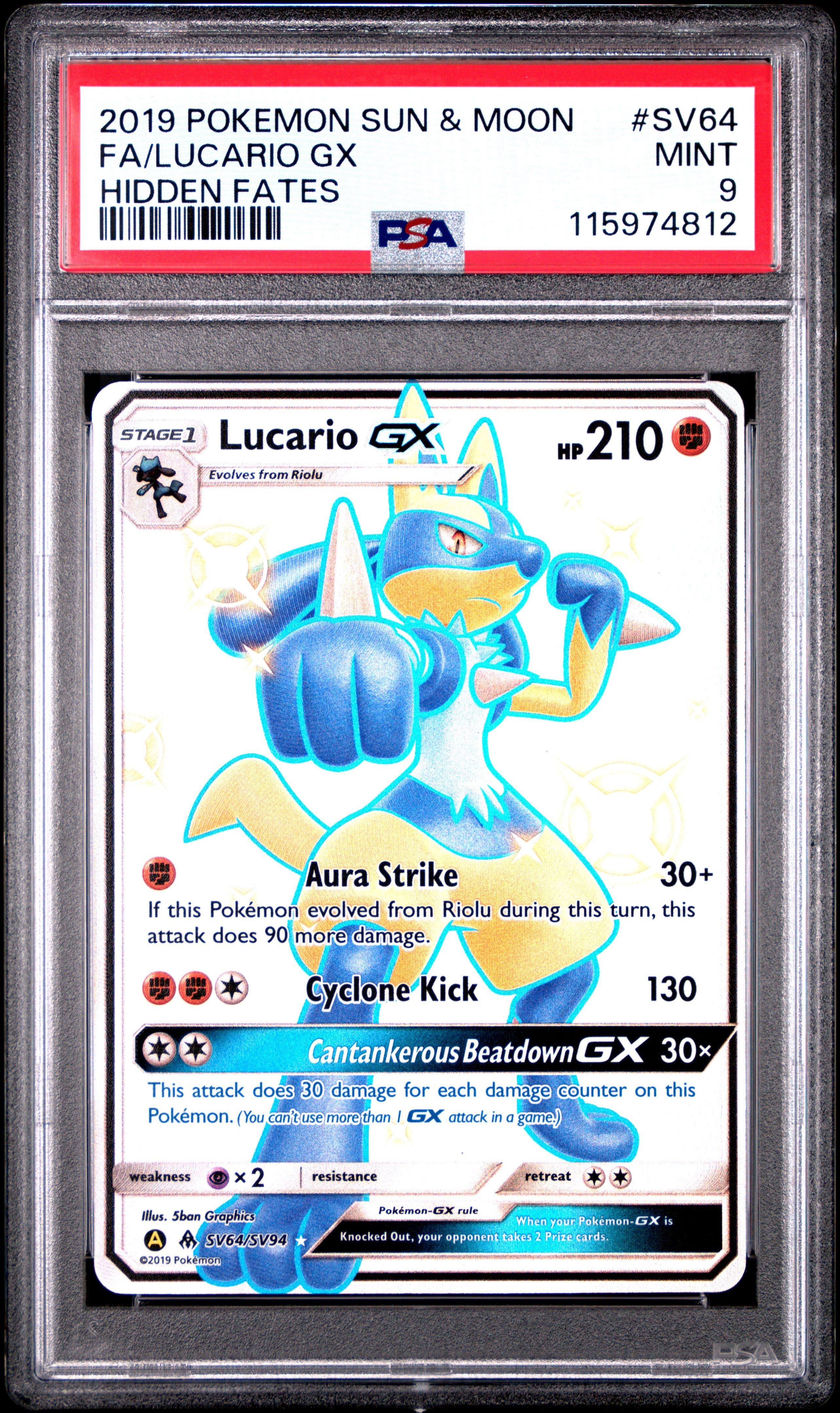 2019 Pokemon Sun & Moon Hidden Fates Sv64 Full Art/lucario Gx PSA