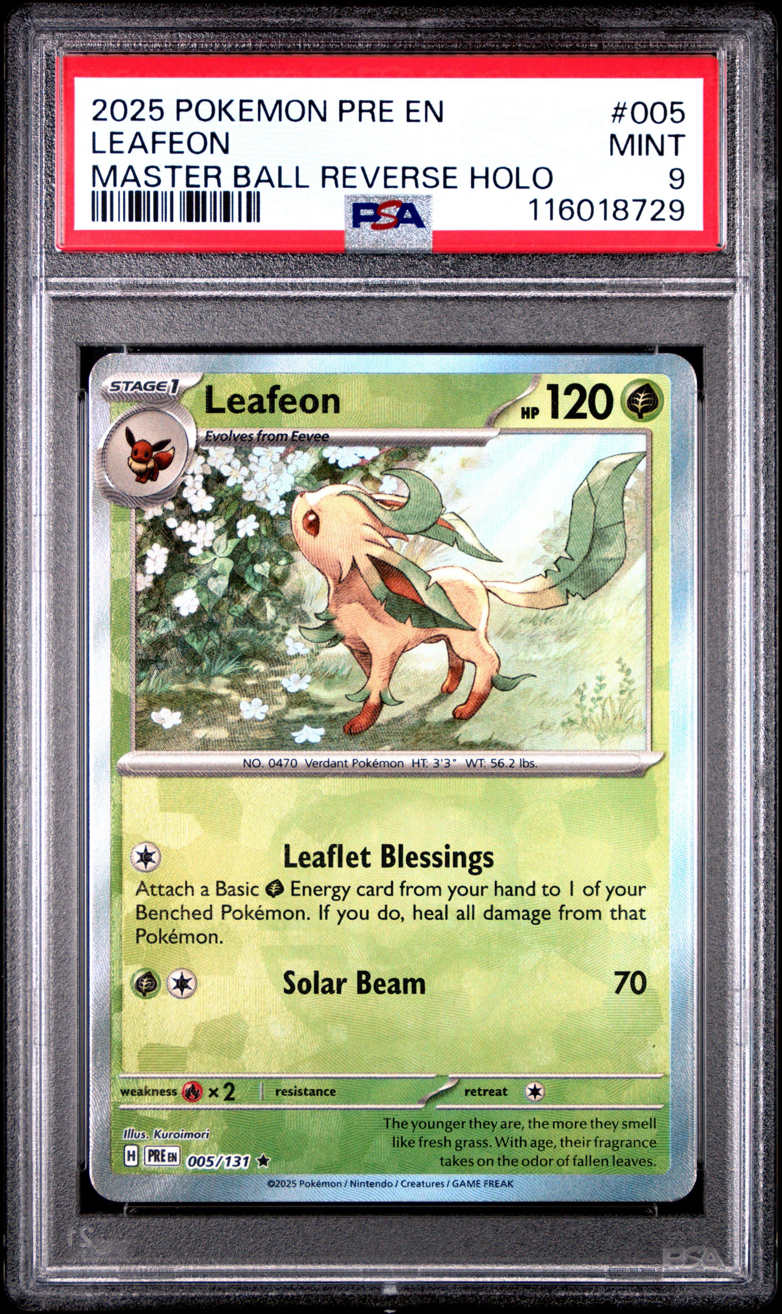 2025 Pokemon Pre En-prismatic Evolutions 005 Leafeon Master Ball Reverse Holo PSA