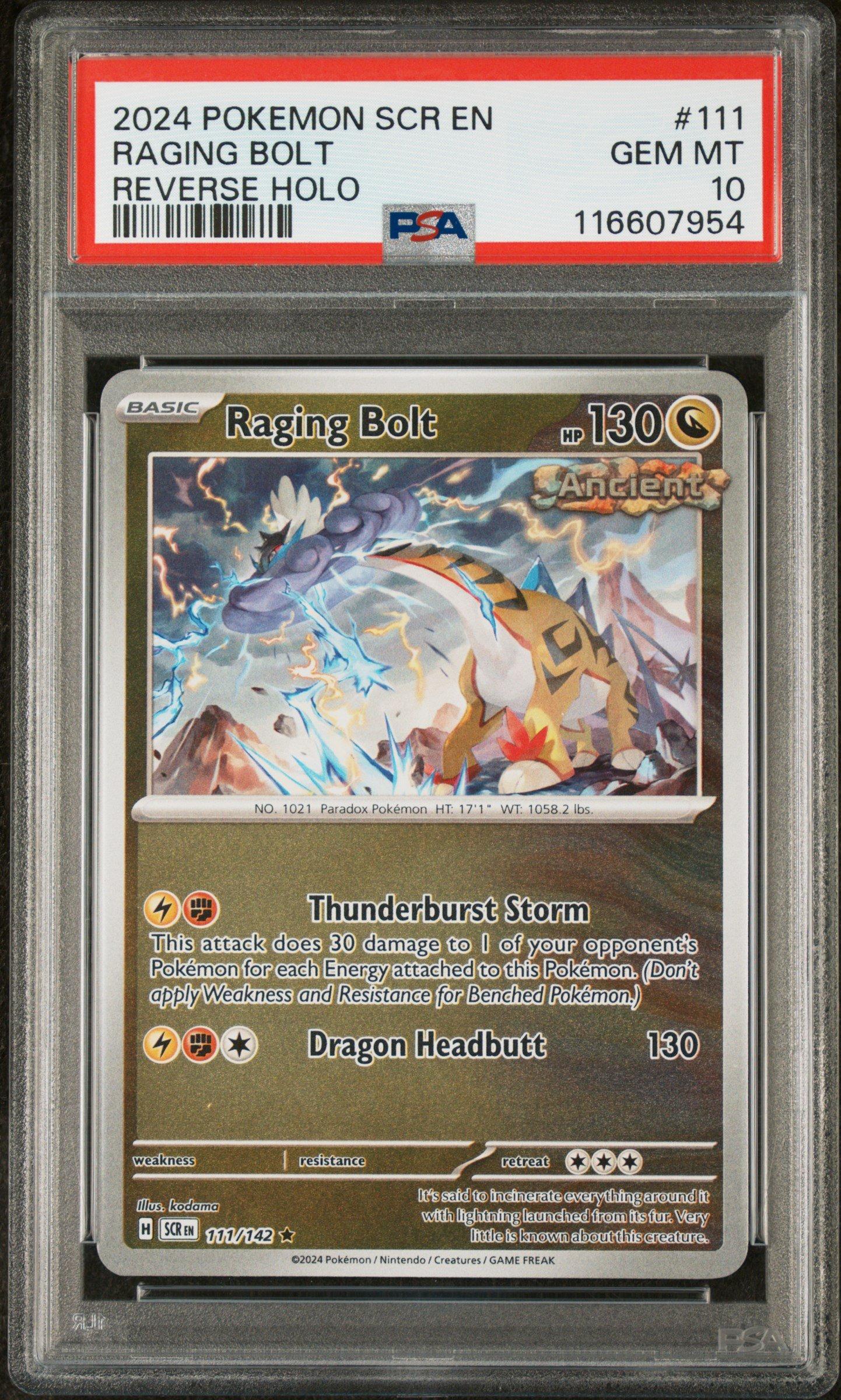 2024 Pokemon Scr En-stellar Crown 111 Raging Bolt Reverse Holo PSA 10