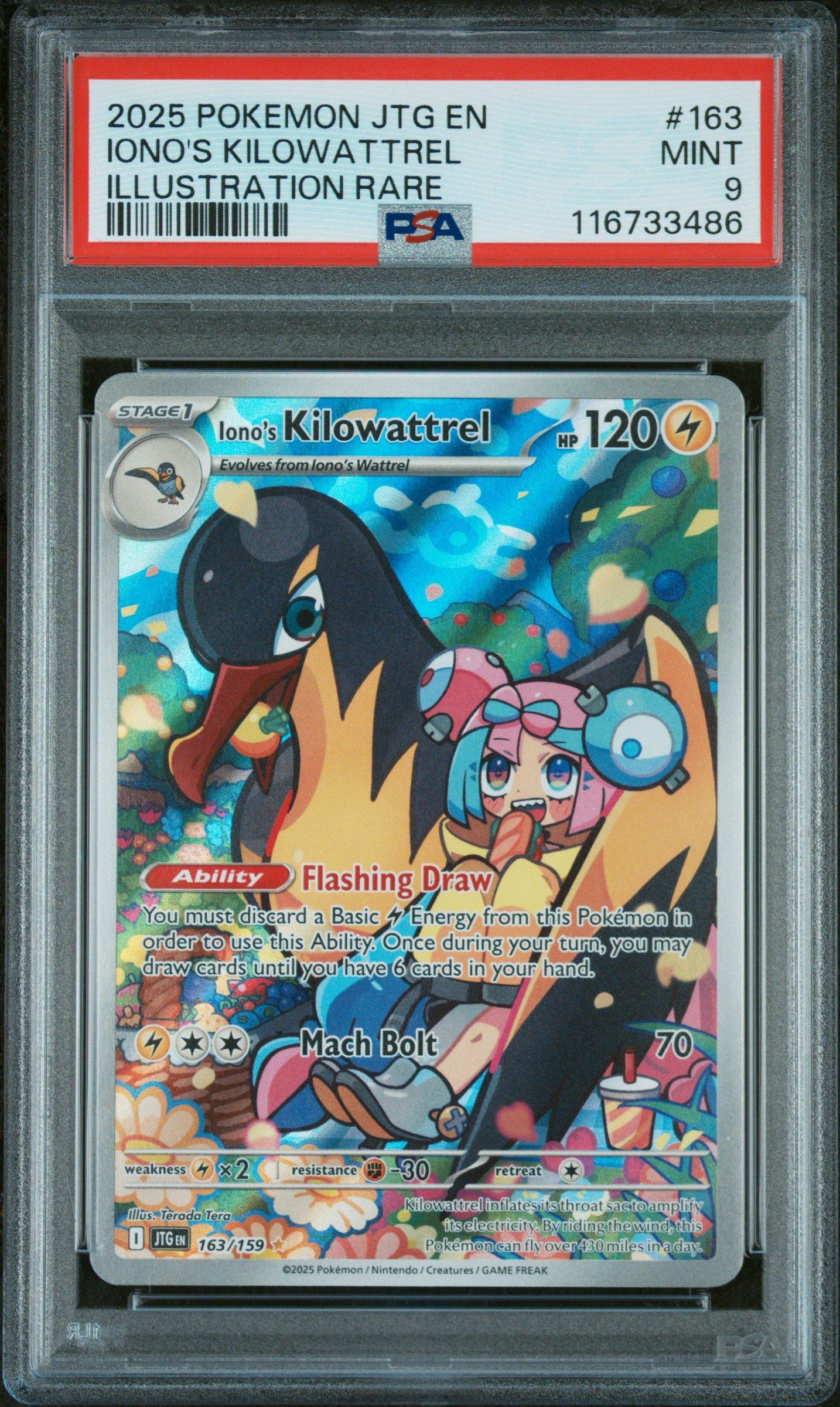 kilowattrel pokemon card value 2025 Jtg En-journey Together 163 Iono's Illustration Rare PSA 9 Graded 30 Retreat Cost Stage 1 Kilowattrel HP 120