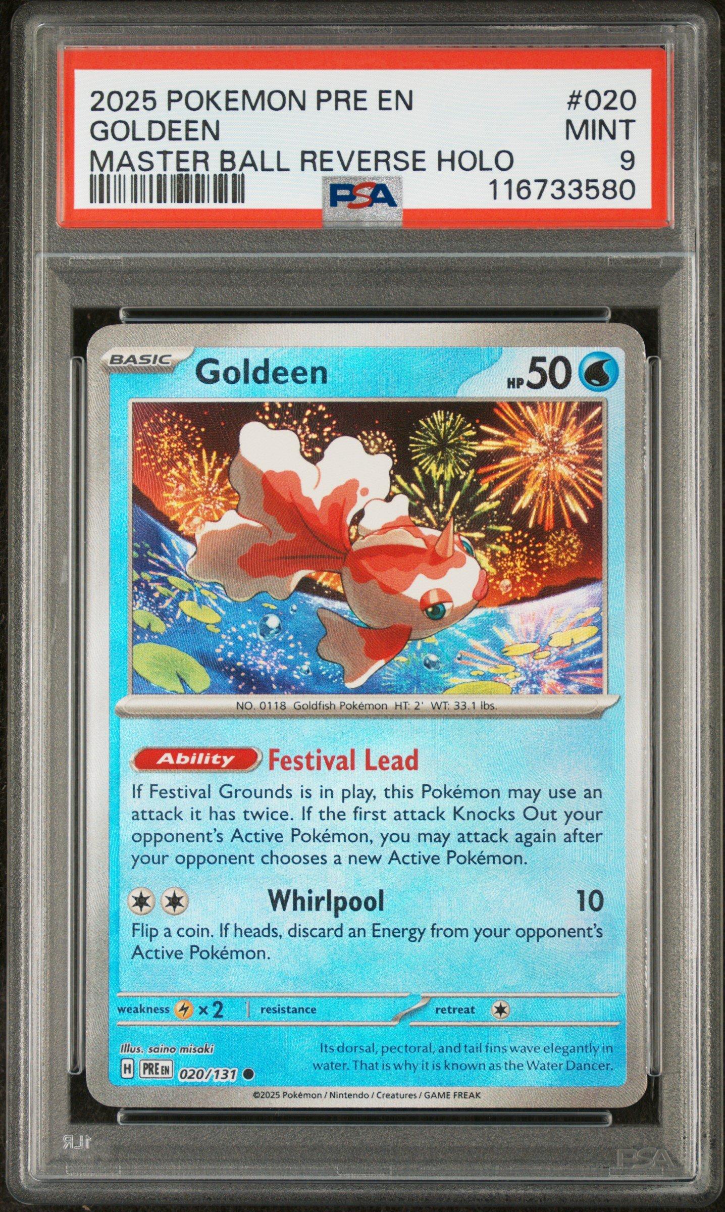 2025 Pokemon Pre En-prismatic Evolutions 020 Goldeen Master Ball Reverse  Holo PSA 9 Graded Card | GameStop