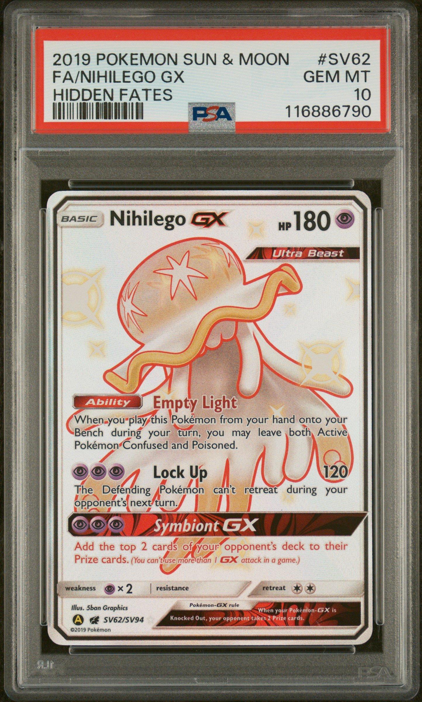 2019 Pokemon Sun & Moon Hidden Fates Sv62 Full Art/nihilego Gx PSA