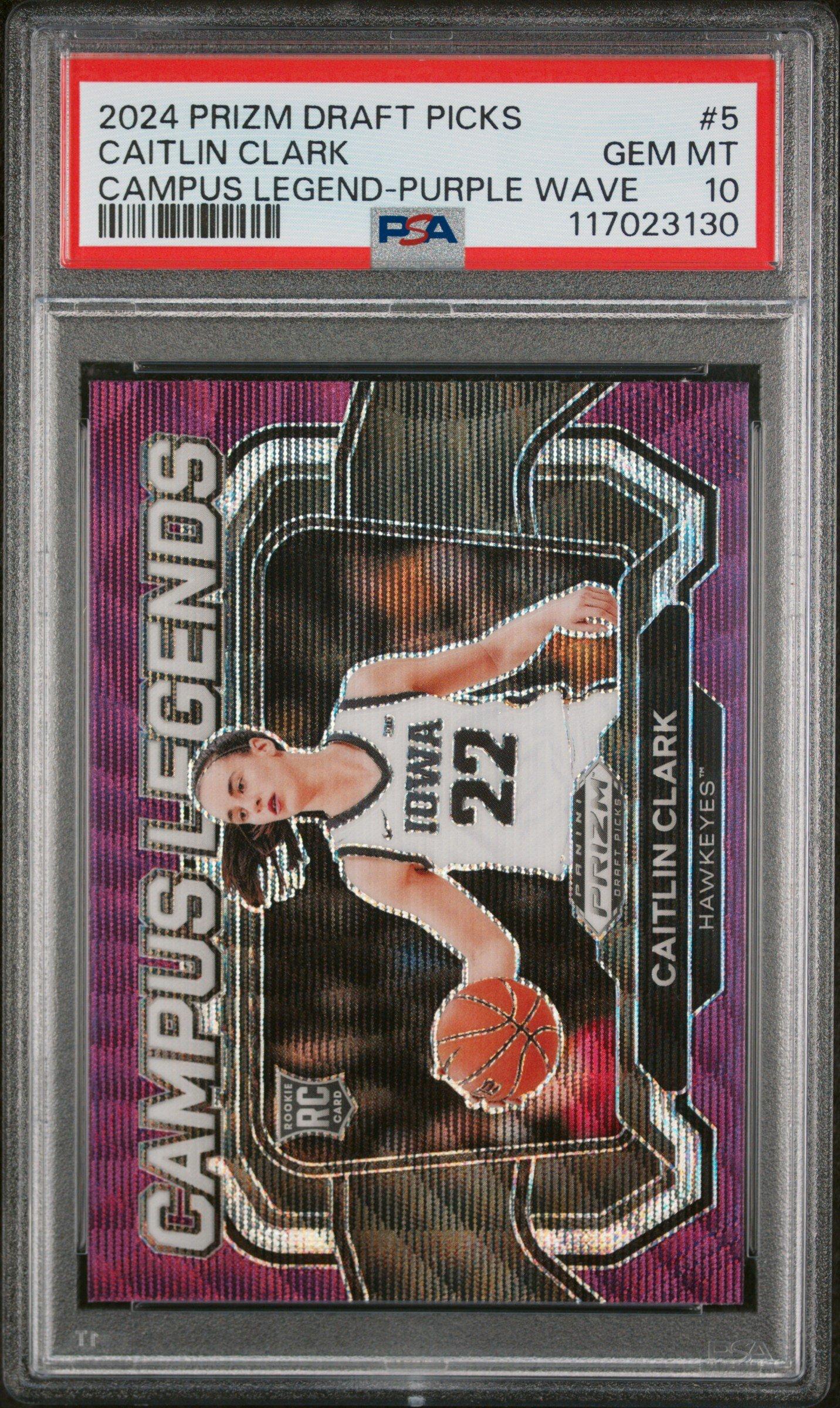 2024 Panini Prizm Draft Picks Campus Legends 5 Caitlin Clark Purple Wave PSA 10