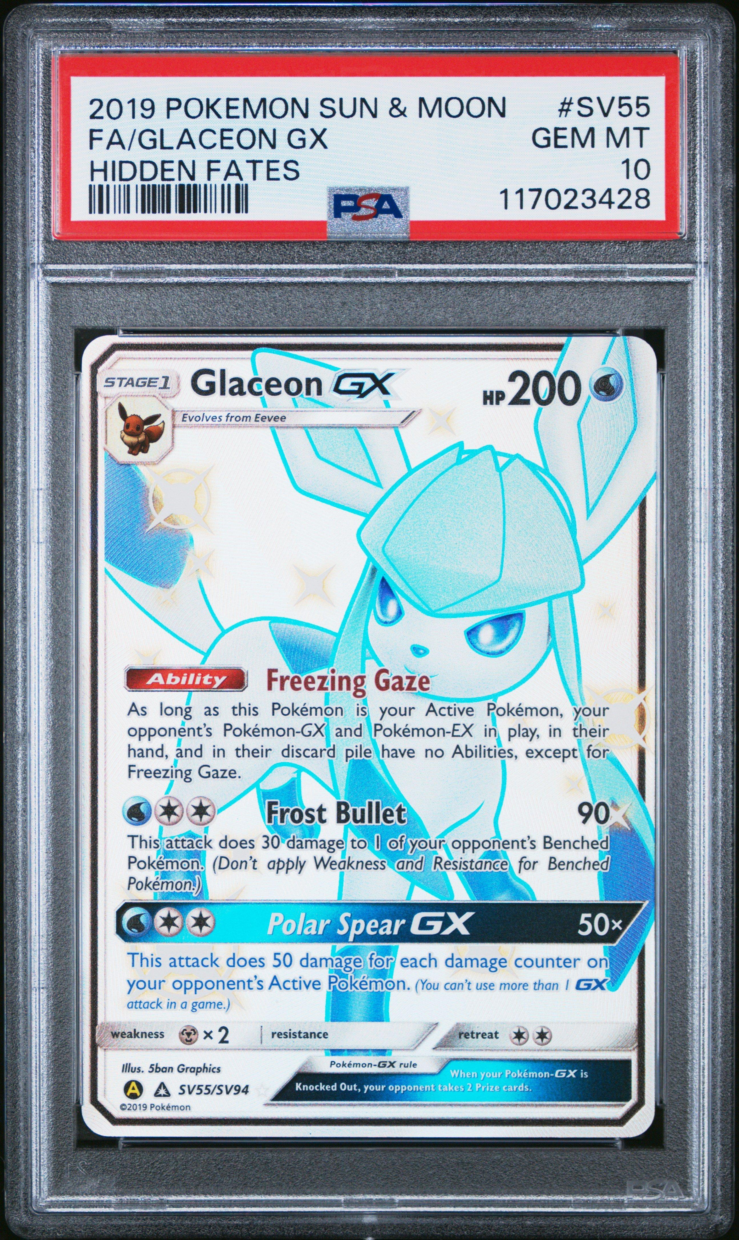2019 Pokemon Sun & Moon Hidden Fates Sv55 Full Art/glaceon Gx PSA