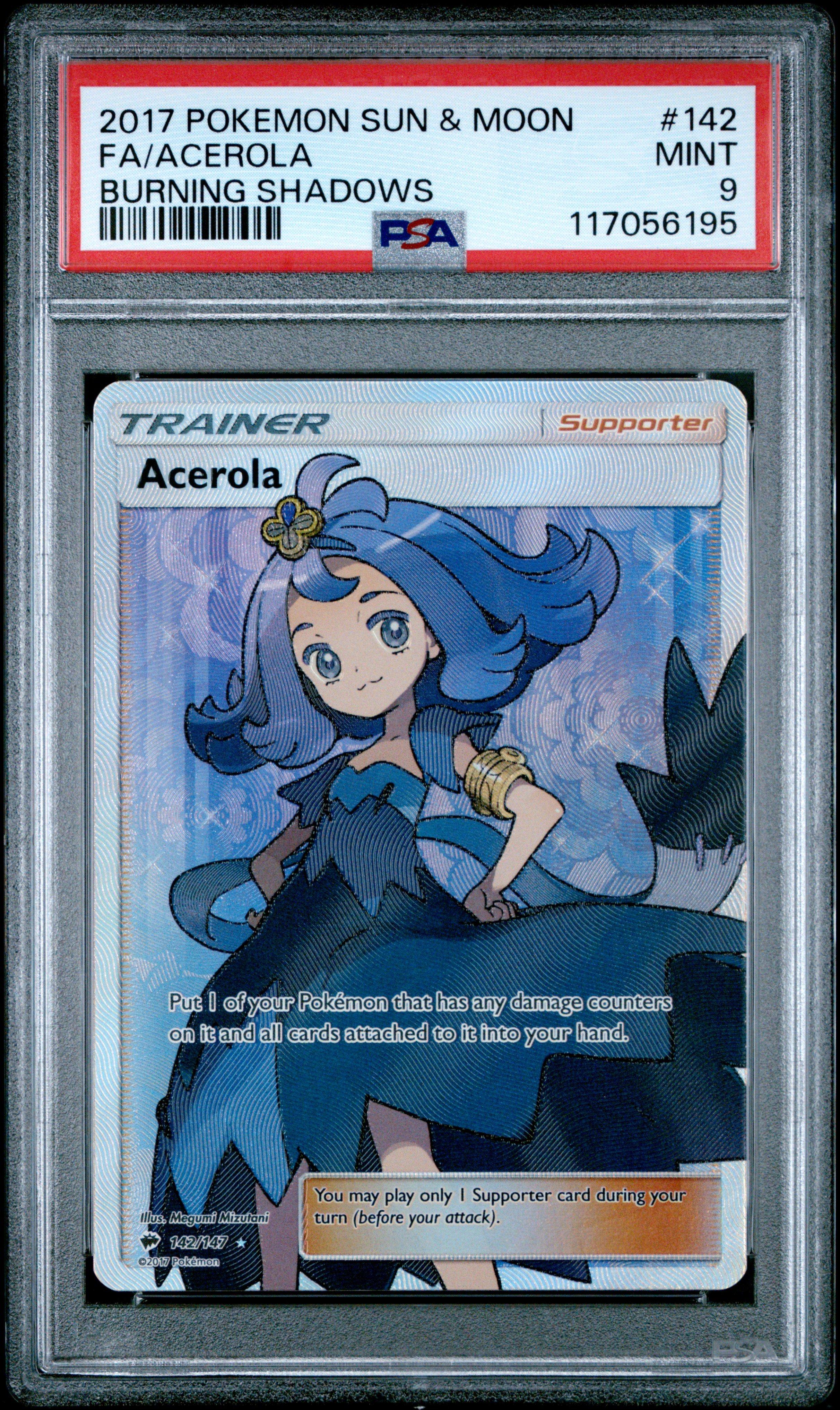 2017 Pokemon Sun & Moon Burning Shadows 142 Full Art/acerola PSA 9