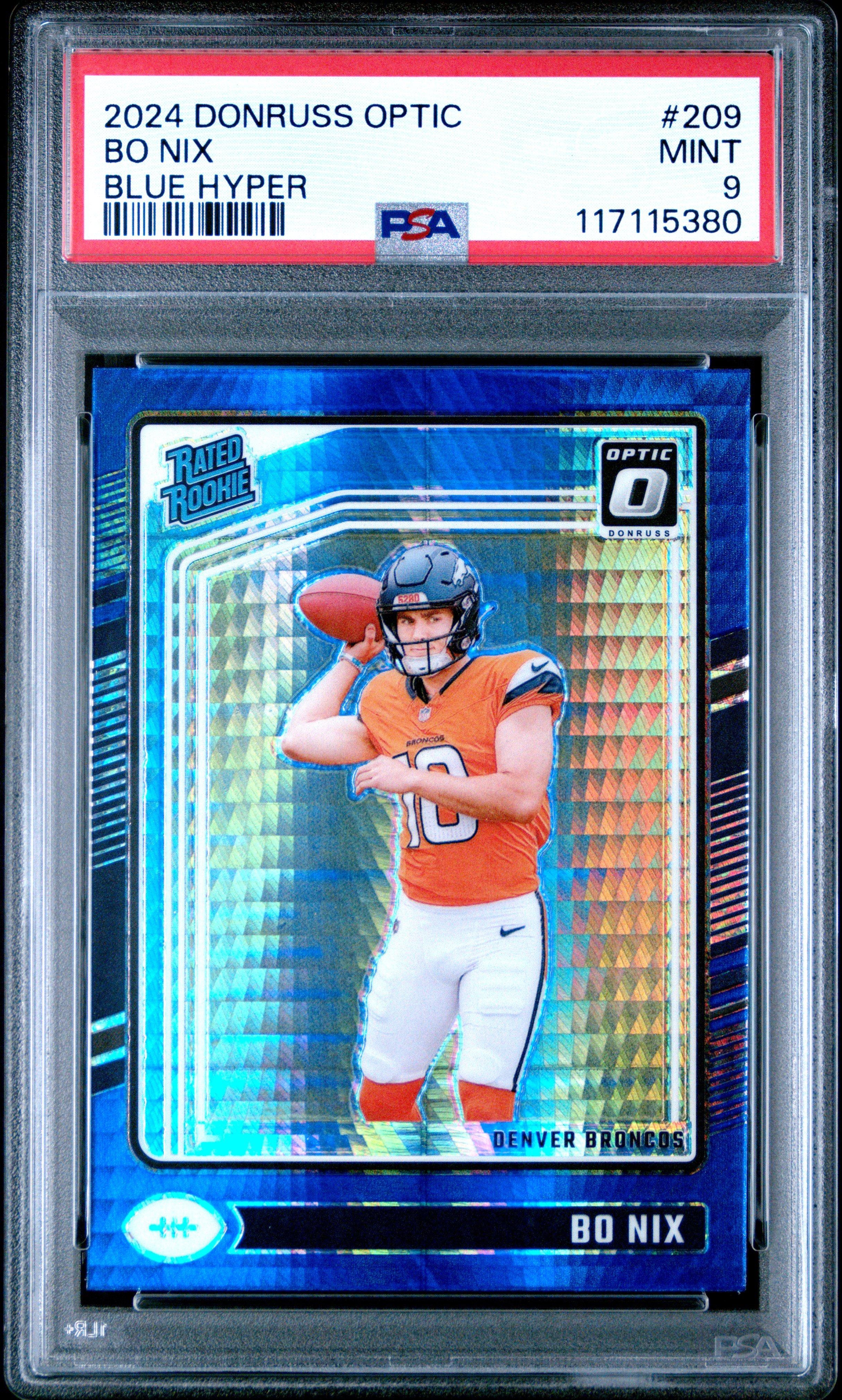2024 Panini Donruss Optic 209 Bo Nix Blue Hyper PSA 9