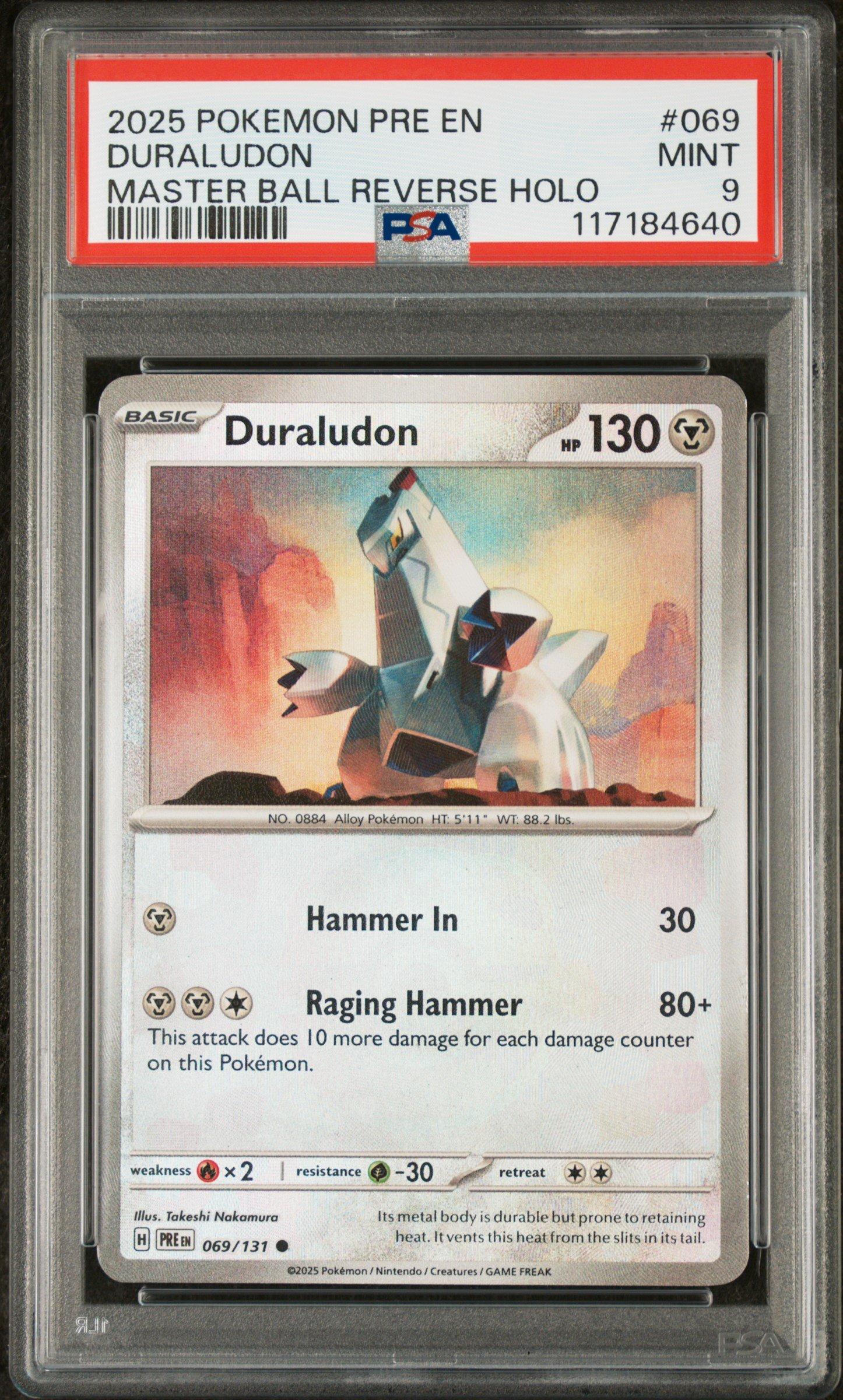 2025 Pokemon Pre En-prismatic Evolutions 069 Duraludon Master Ball Reverse Holo PSA 9