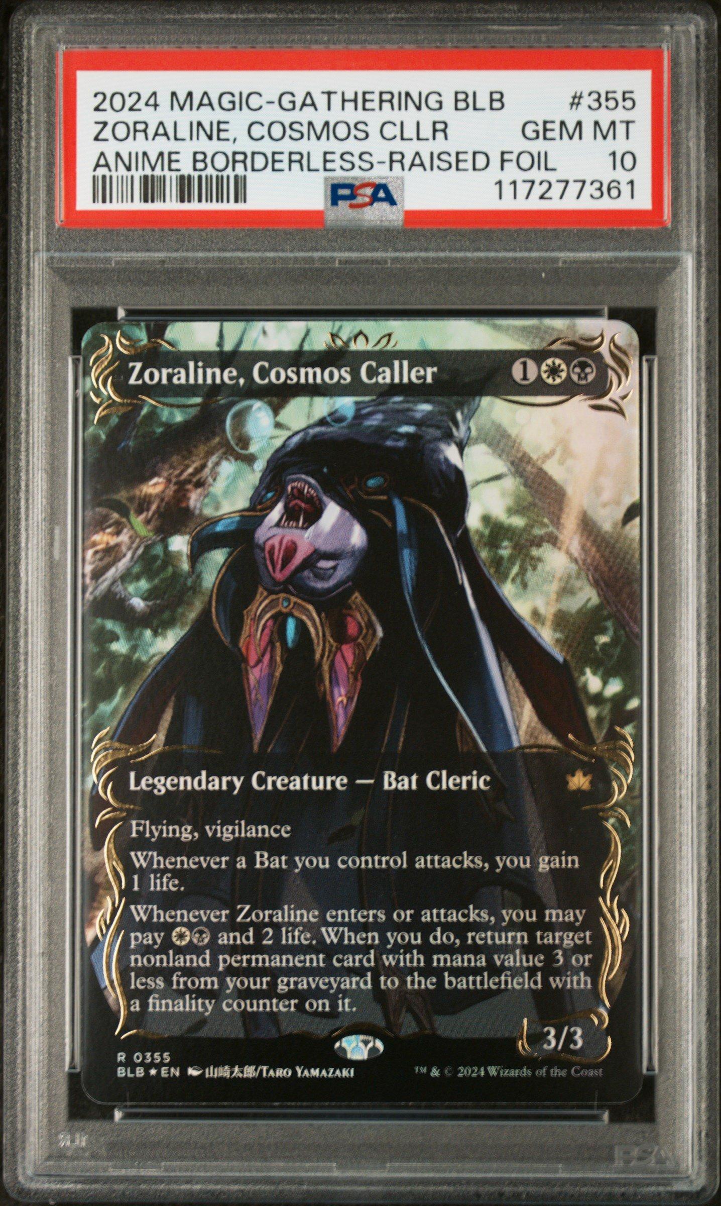 2024 Magic The Gathering Bloomburrow 355 Zoraline, Cosmos Caller Anime Borderless-raised Foil PSA 10