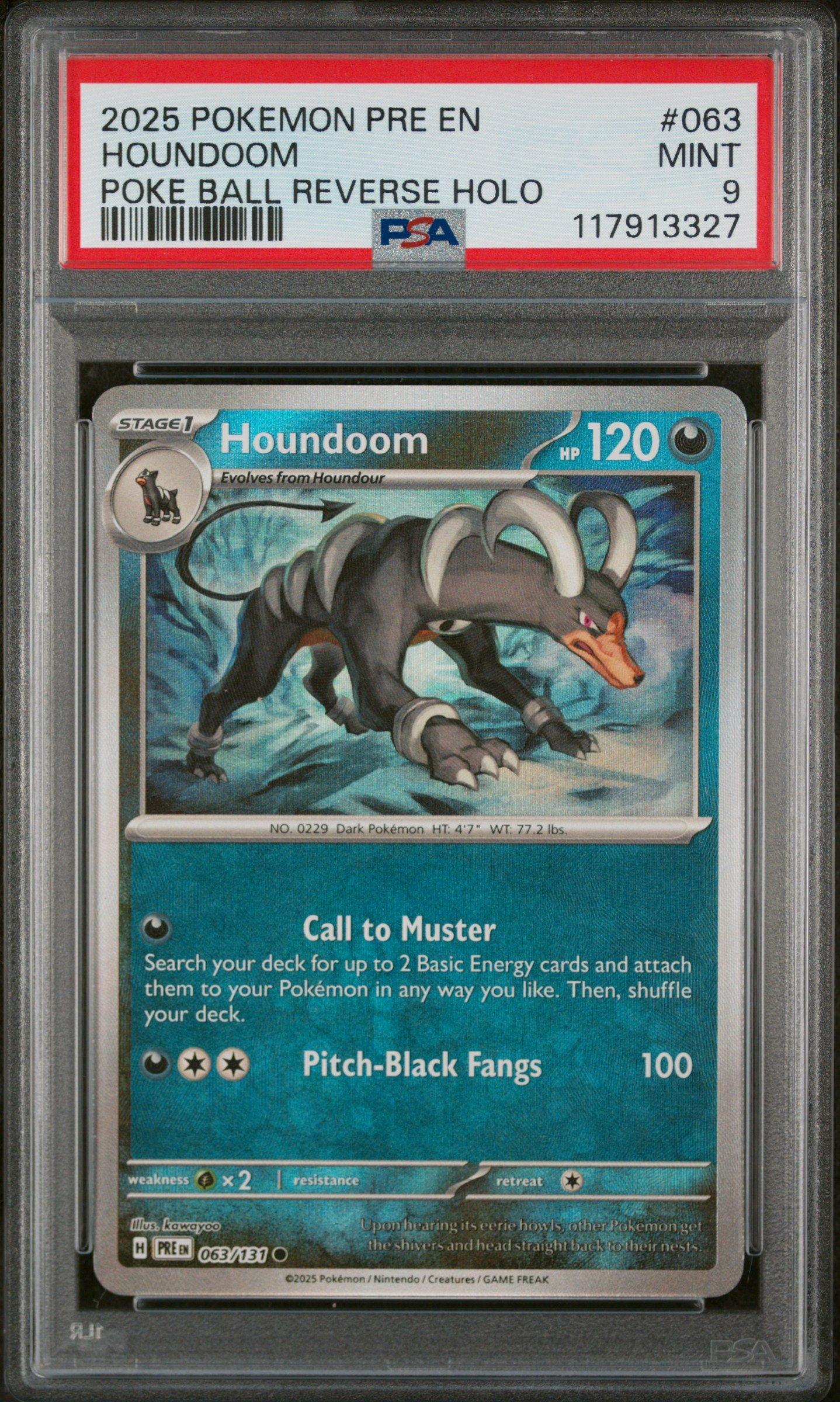 2025 Pokemon Pre En-prismatic Evolutions 063 Houndoom Poke Ball Reverse Holo PSA 9