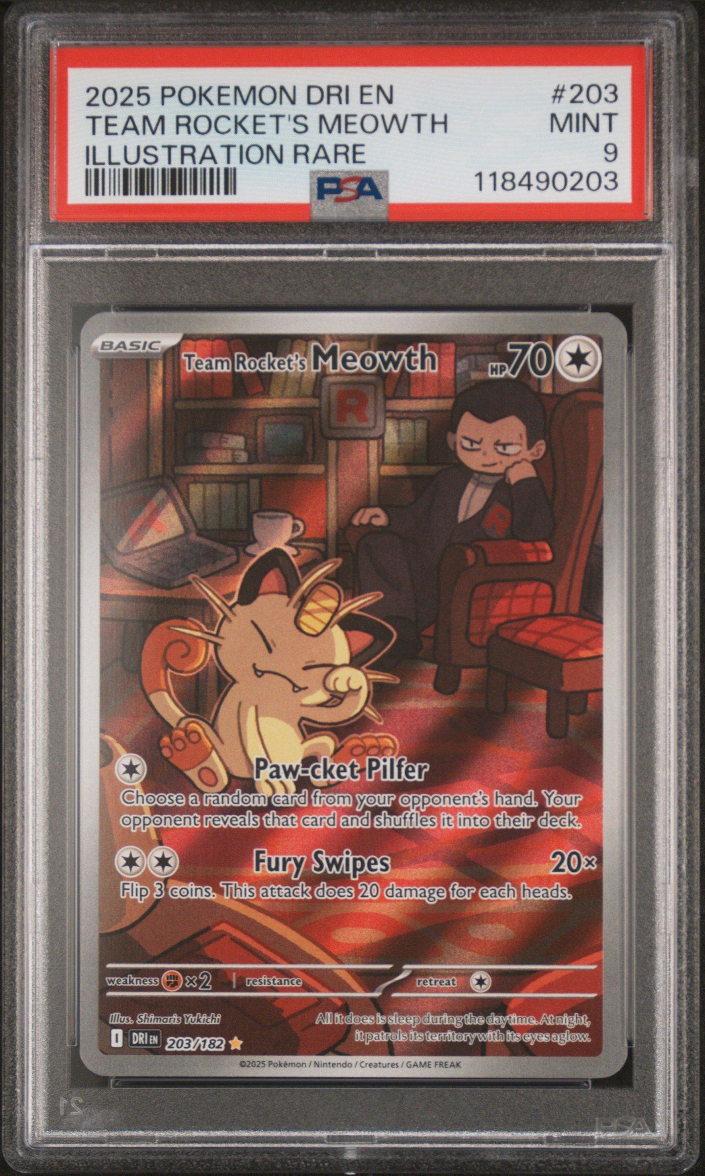 2025 Pokemon Dri En-destined Rivals 203 Team Rocket's Meowth Illustration Rare PSA