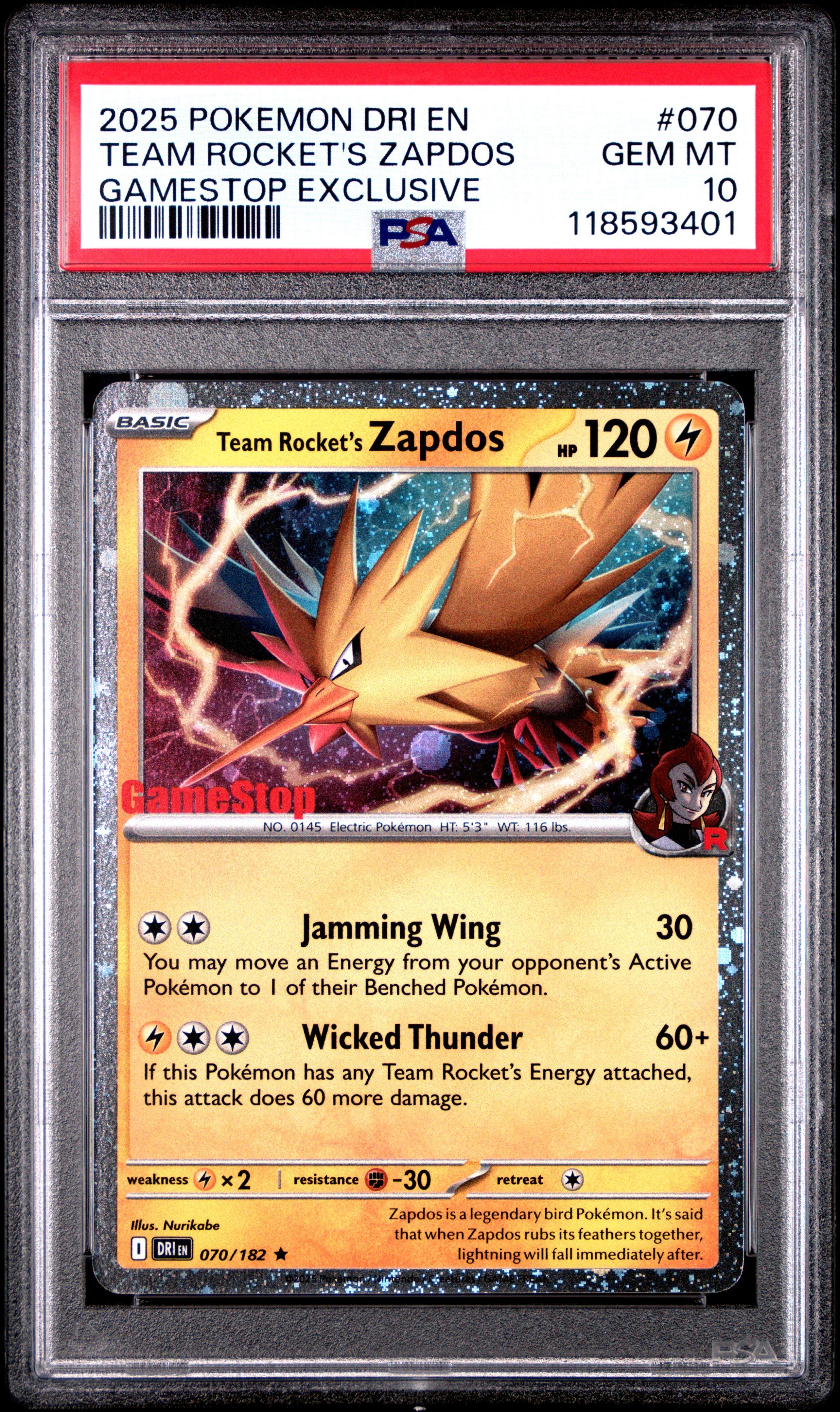 2025 Pokemon Dri En-destined Rivals 070 Team Rocket's Zapdos Gamestop Exclusive PSA