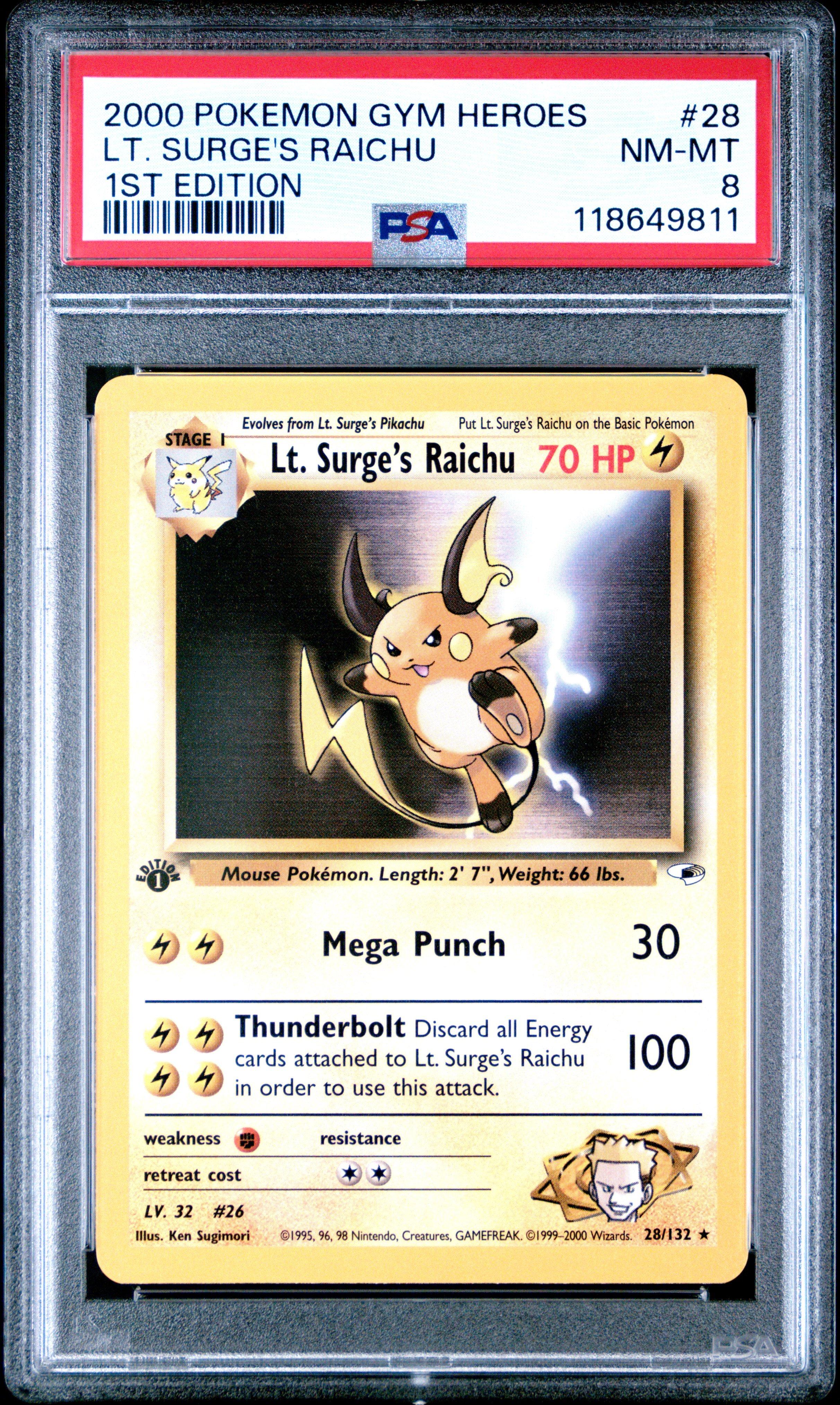 2000 Pokemon Gym Heroes 28 Lt. Surge's Raichu 1st Edition PSA 8