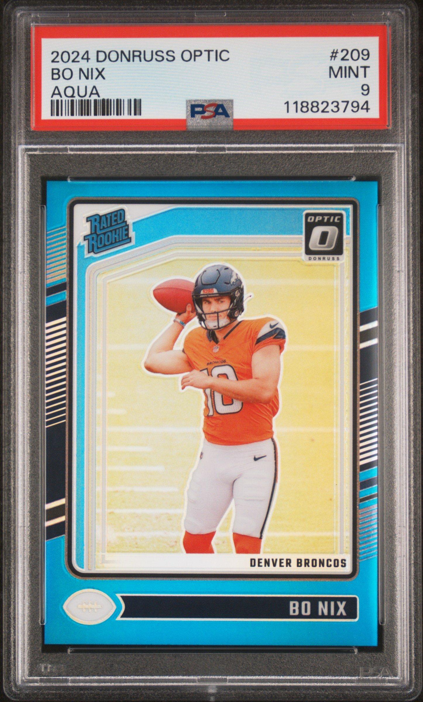 2024 Panini Donruss Optic 209 Bo Nix Aqua PSA 9