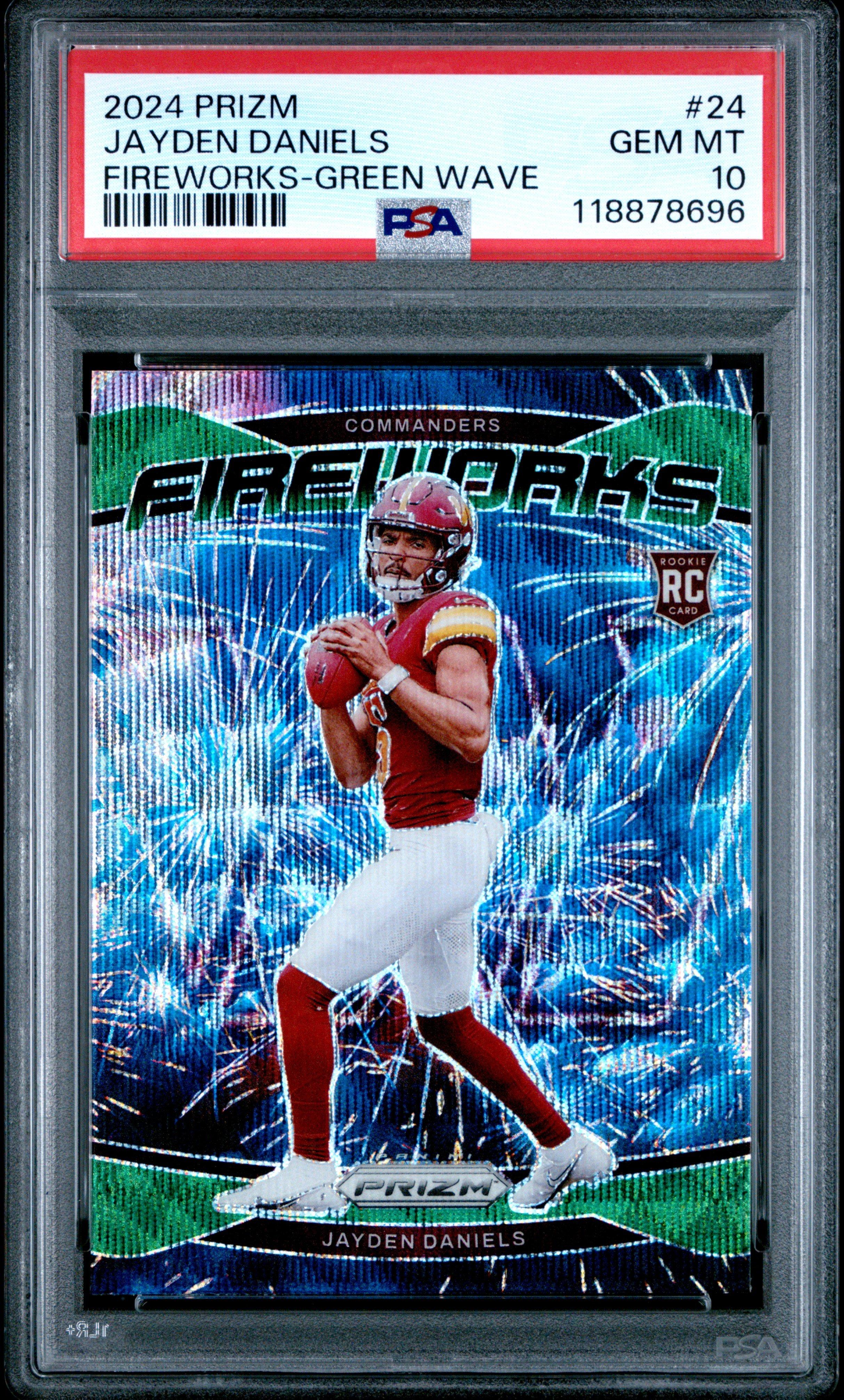 2024 Panini Prizm Fireworks 24 Jayden Daniels Green Wave PSA 10