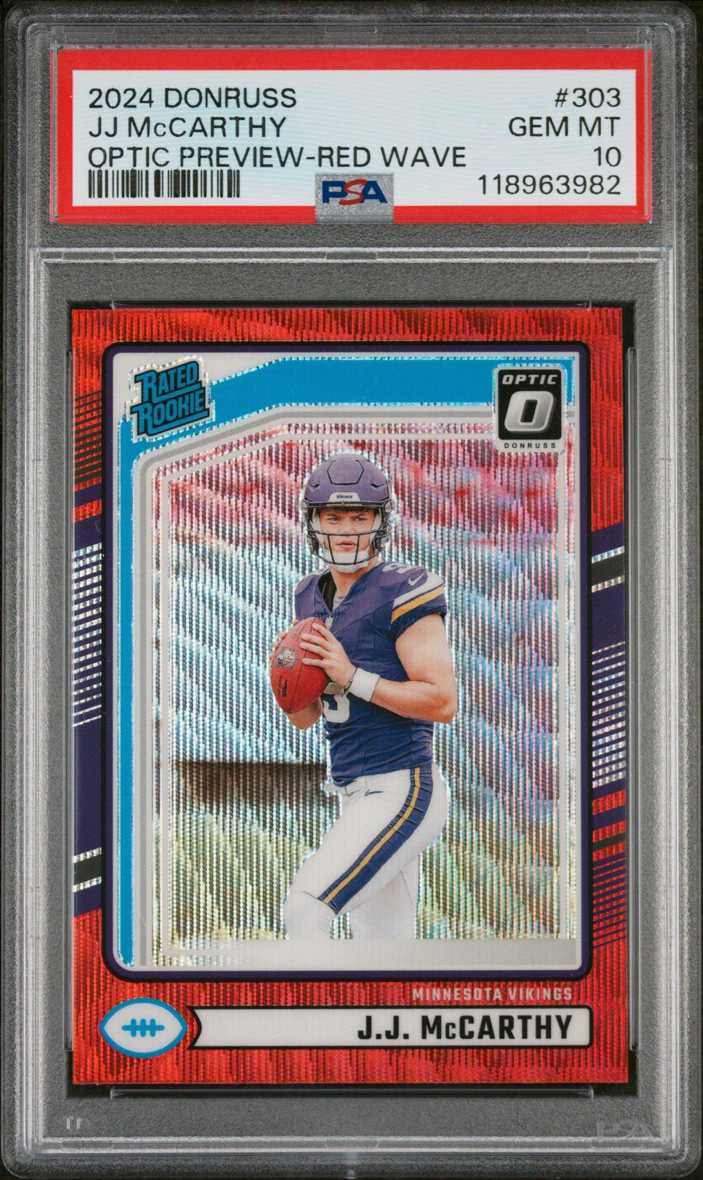 2024 Panini Donruss 303 Jj Mccarthy Optic Preview-red Wave PSA 10
