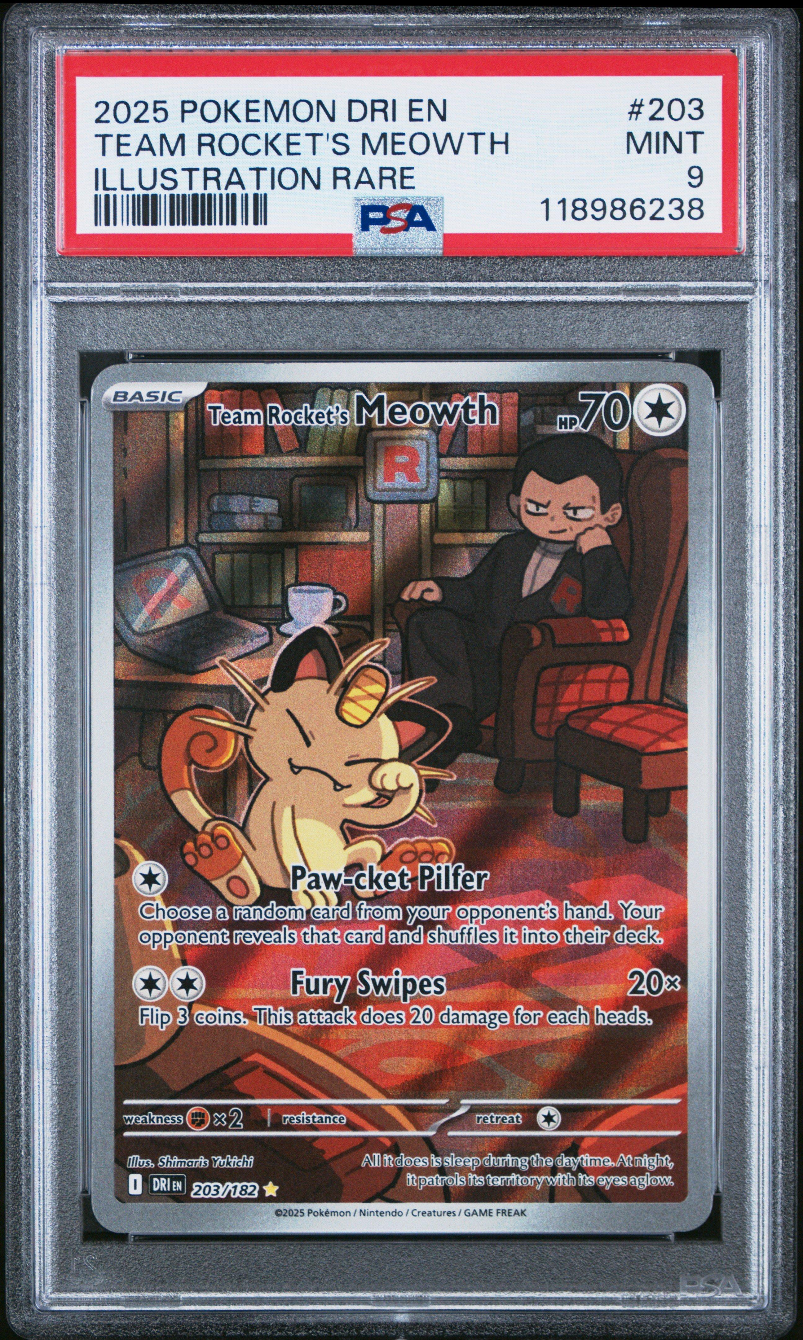 2025 Pokemon Dri En-destined Rivals 203 Team Rocket's Meowth Illustration Rare PSA
