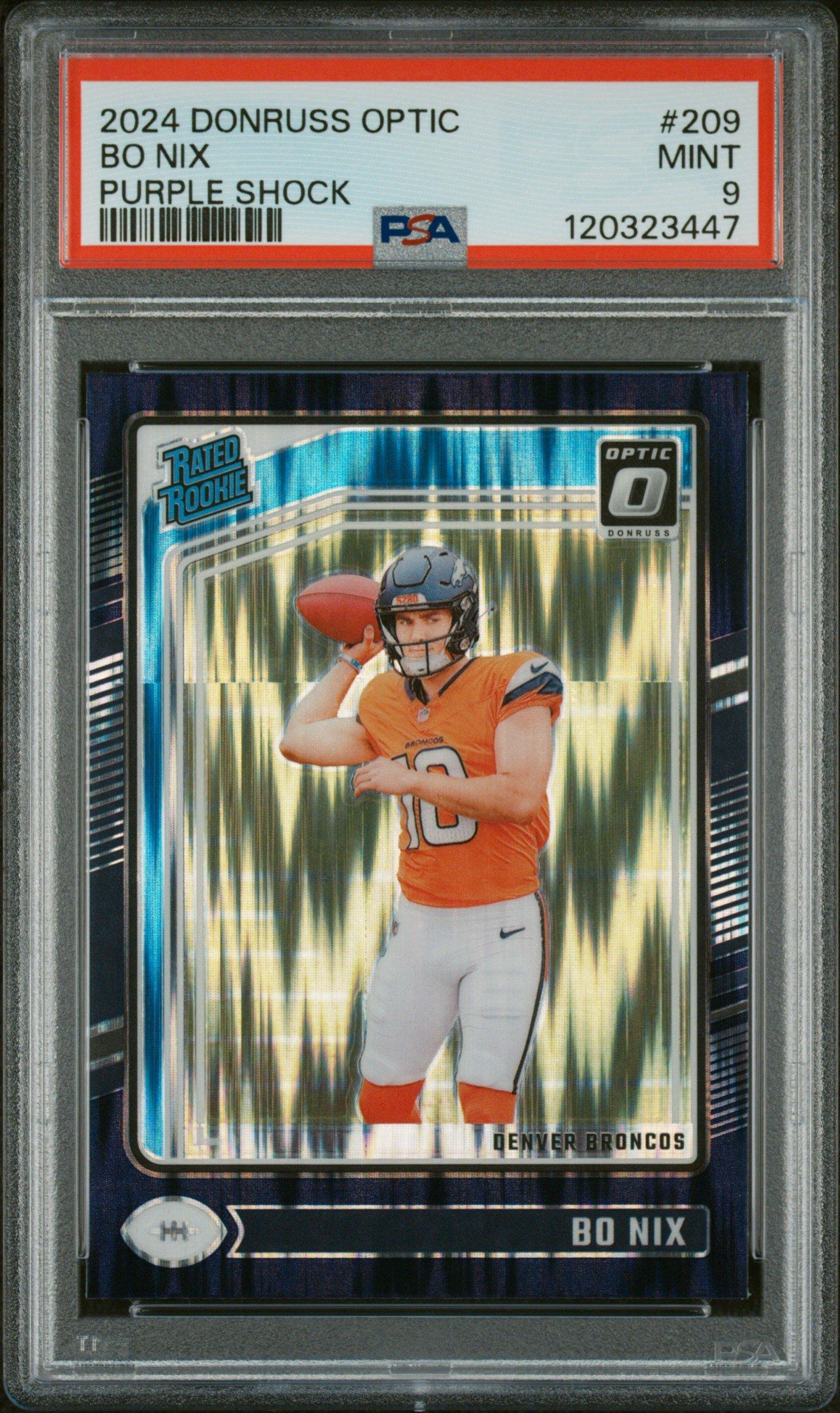 2024 Panini Donruss Optic 209 Bo Nix Purple Shock PSA 9 Graded