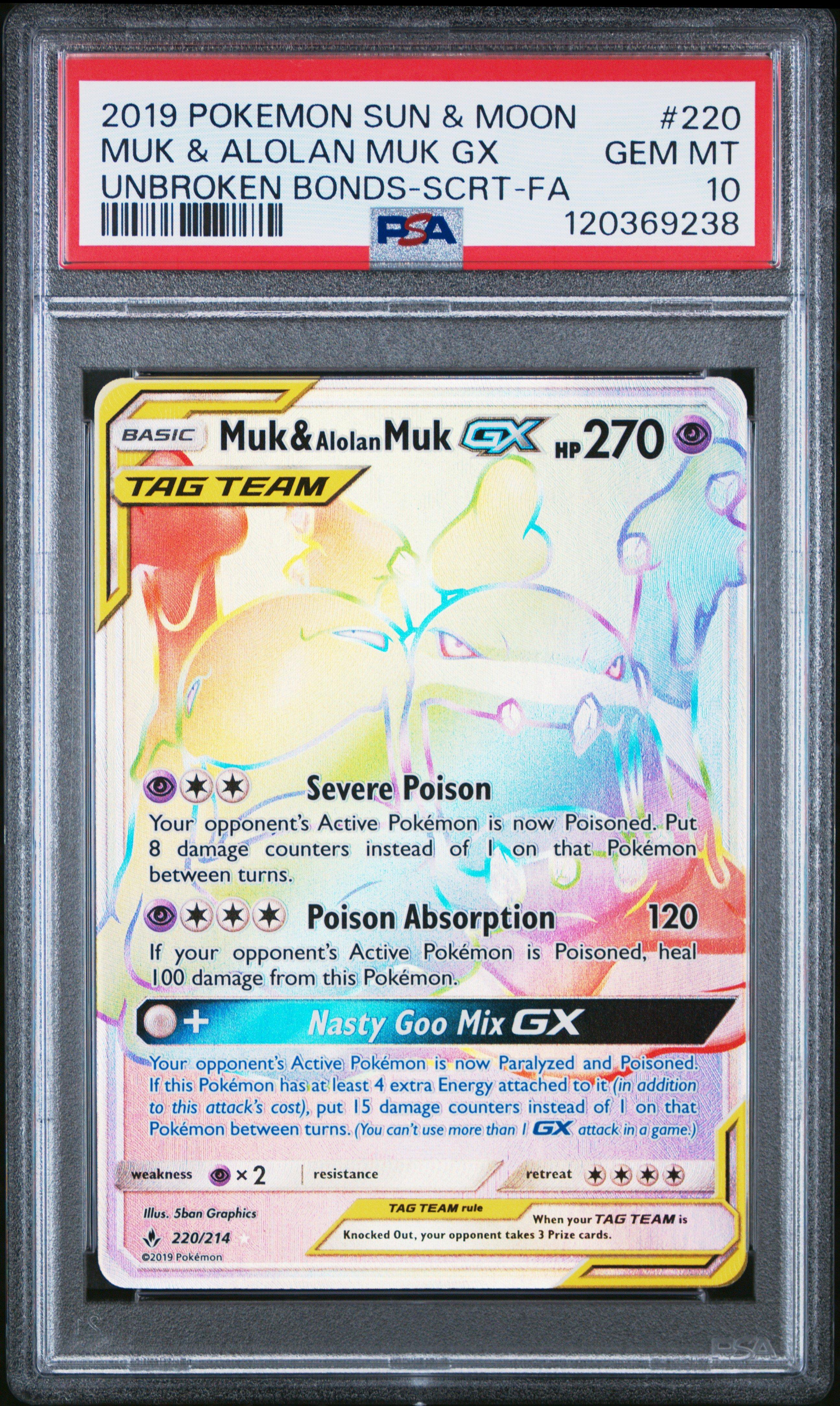 2019 Pokemon Sun & Moon Unbroken Bonds 220 Full Art/muk & Alolan Muk Gx Secret PSA