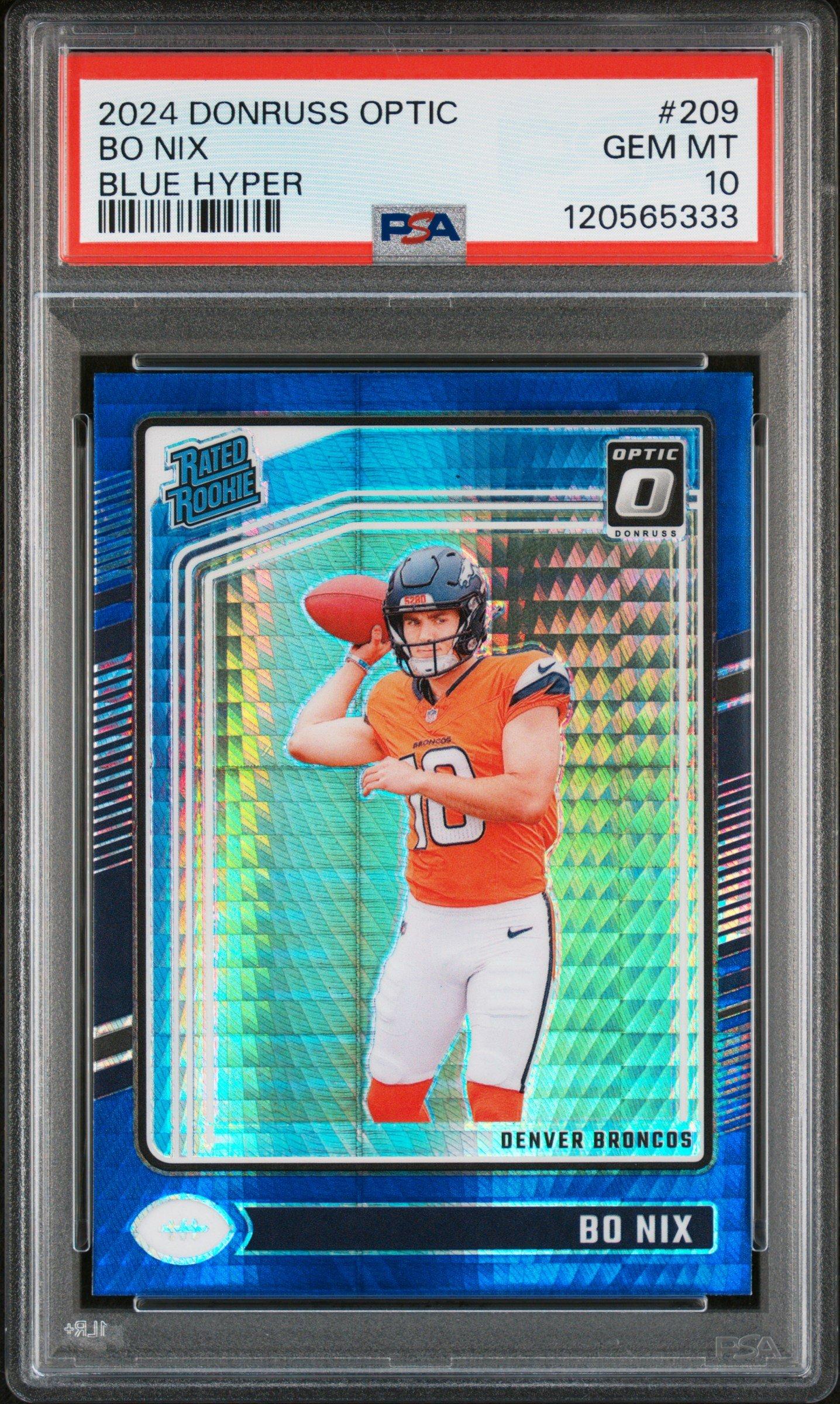 2024 Panini Donruss Optic 209 Bo Nix Blue Hyper PSA 10 Graded Card