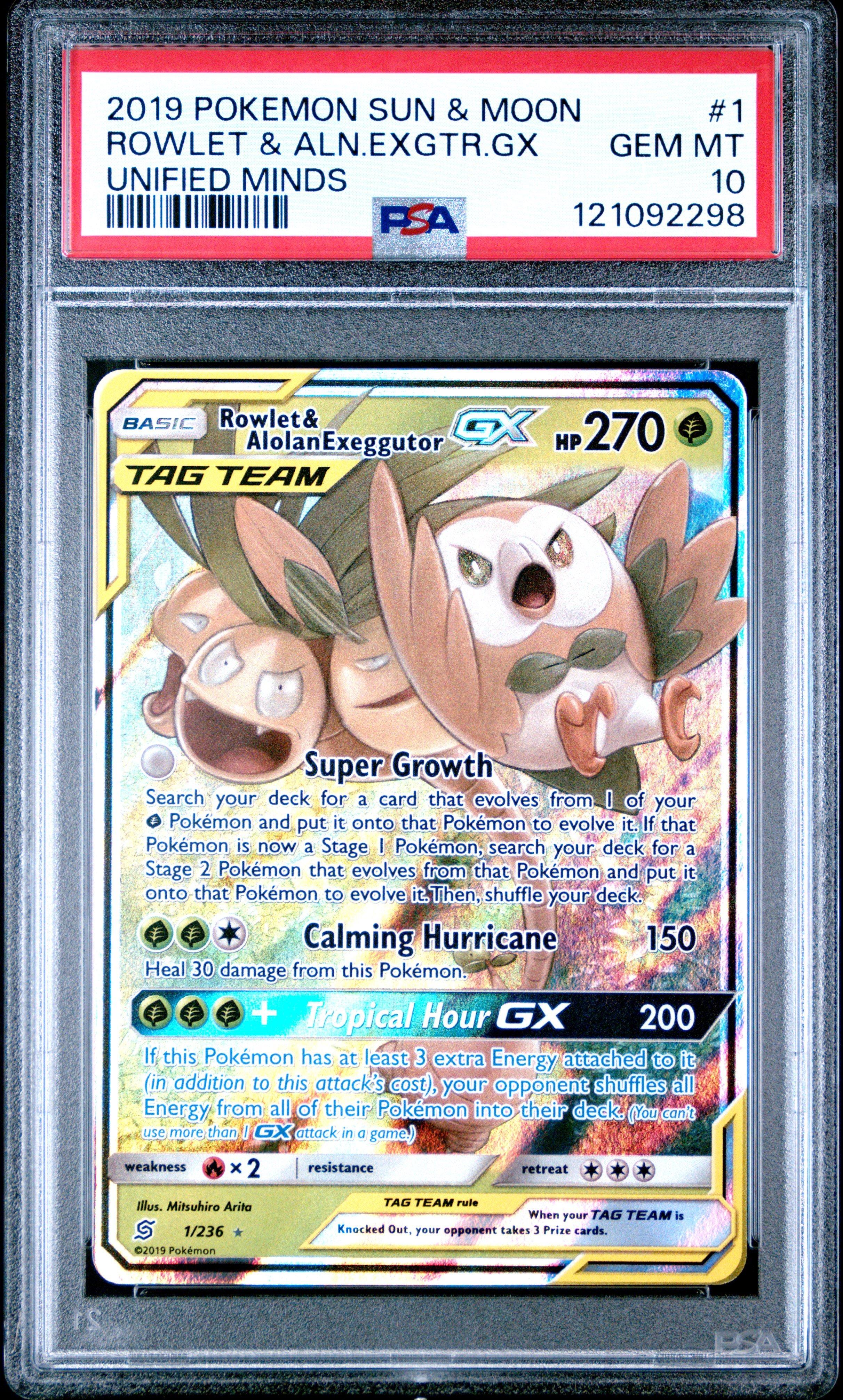 2019 Pokemon Sun & Moon Unified Minds 1 Rowlet & Alolan Exeggutor Gx PSA