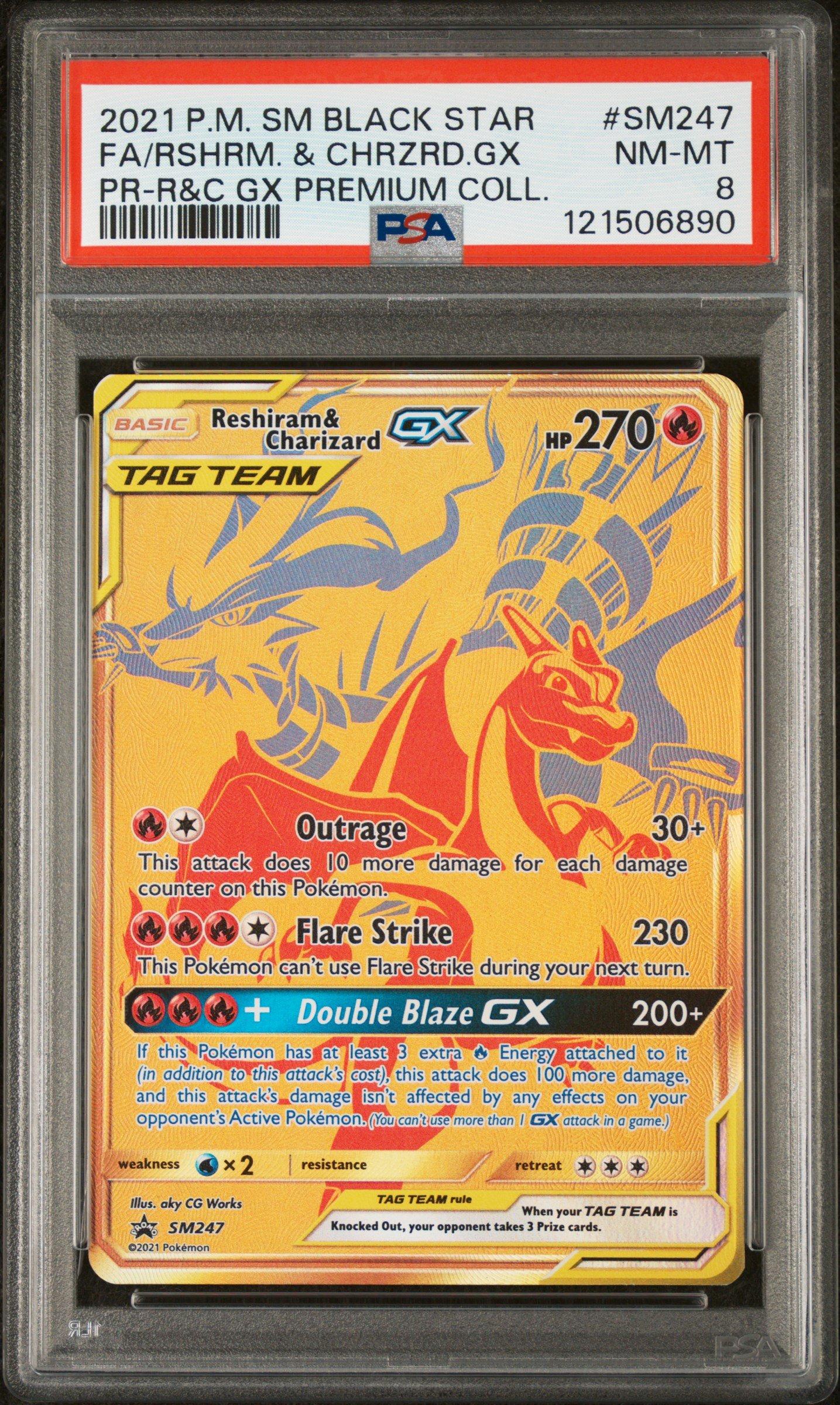 2021 Pokemon SM Black Star Promo #SM247 Full Art/reshiram & Charizard Gx Reshiram & Charizard Gx Premium Collection PSA 8