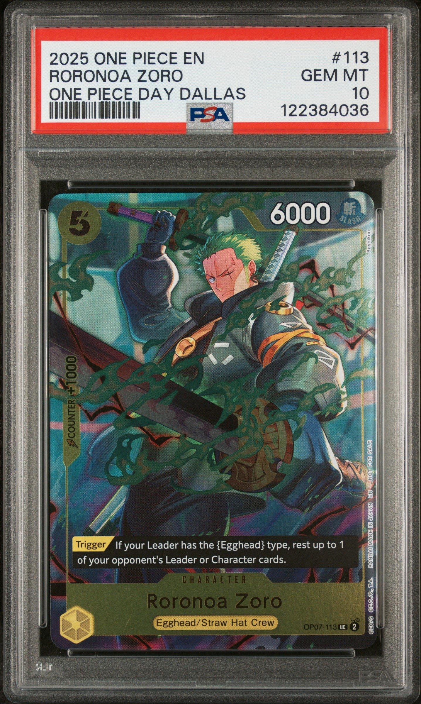 2025 One Piece Promos 113 Roronoa Zoro One Piece Day Dallas PSA 10