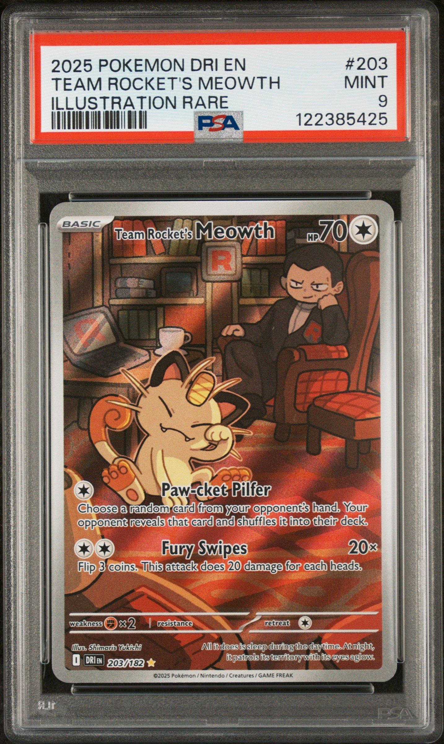 rare meowth card 2025 Pokemon Dri En-destined Rivals 203 Team Rocket's Meowth Illustration  Rare PSA 9