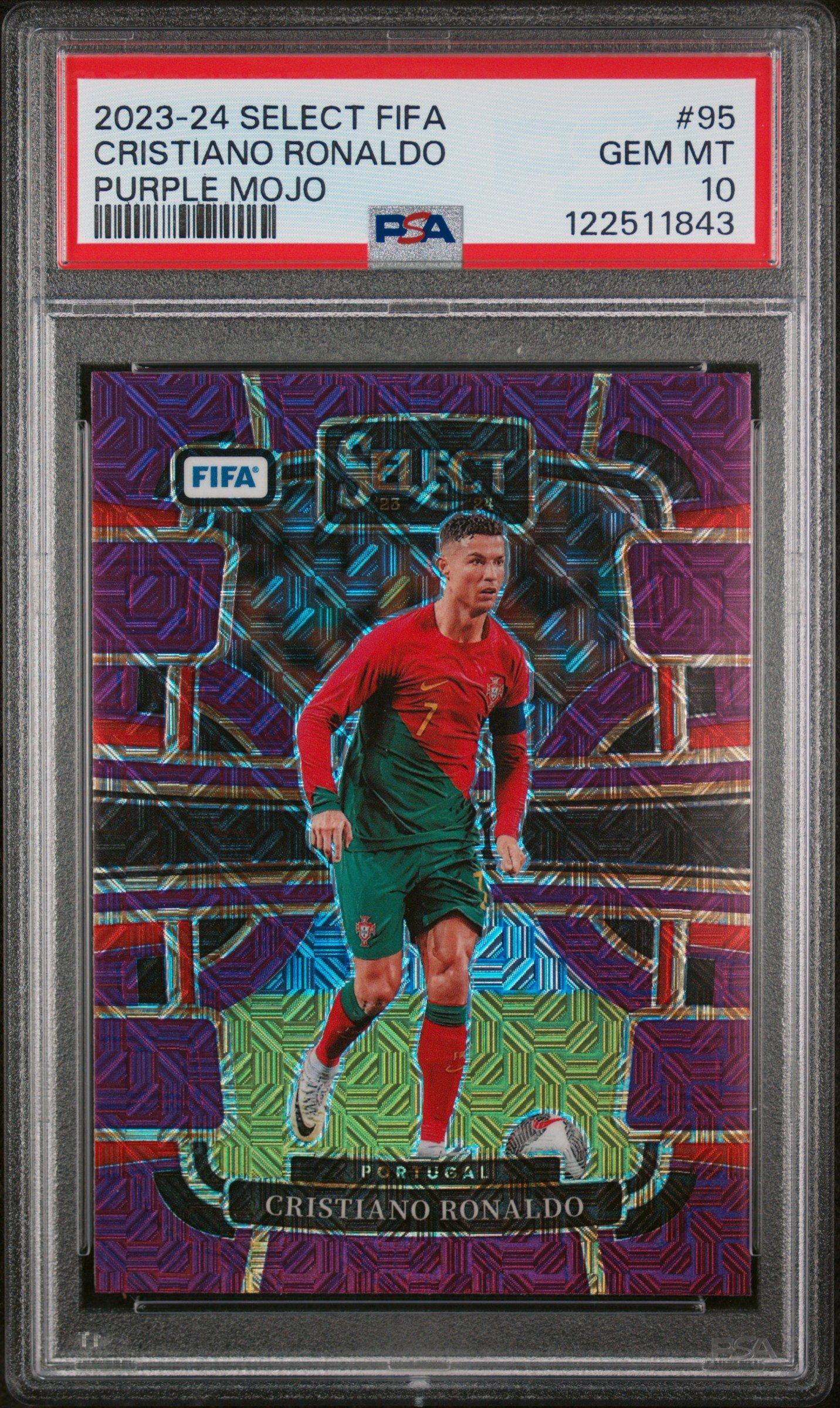 2023-24 Panini Select Fifa 95 Cristiano Ronaldo Purple Mojo PSA 10