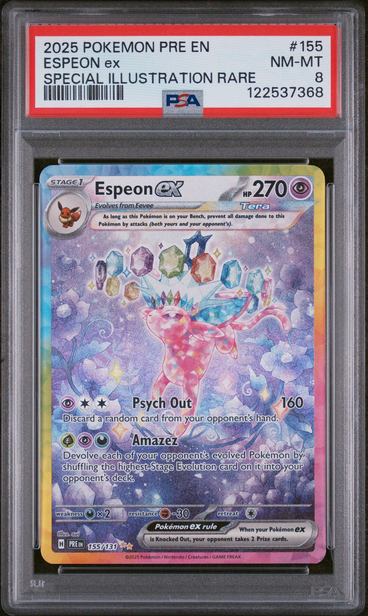 rare espeon card 2025 Pokemon Pre En-prismatic Evolutions 155 Espeon Ex Special Illustration  Rare PSA 8 Graded Card