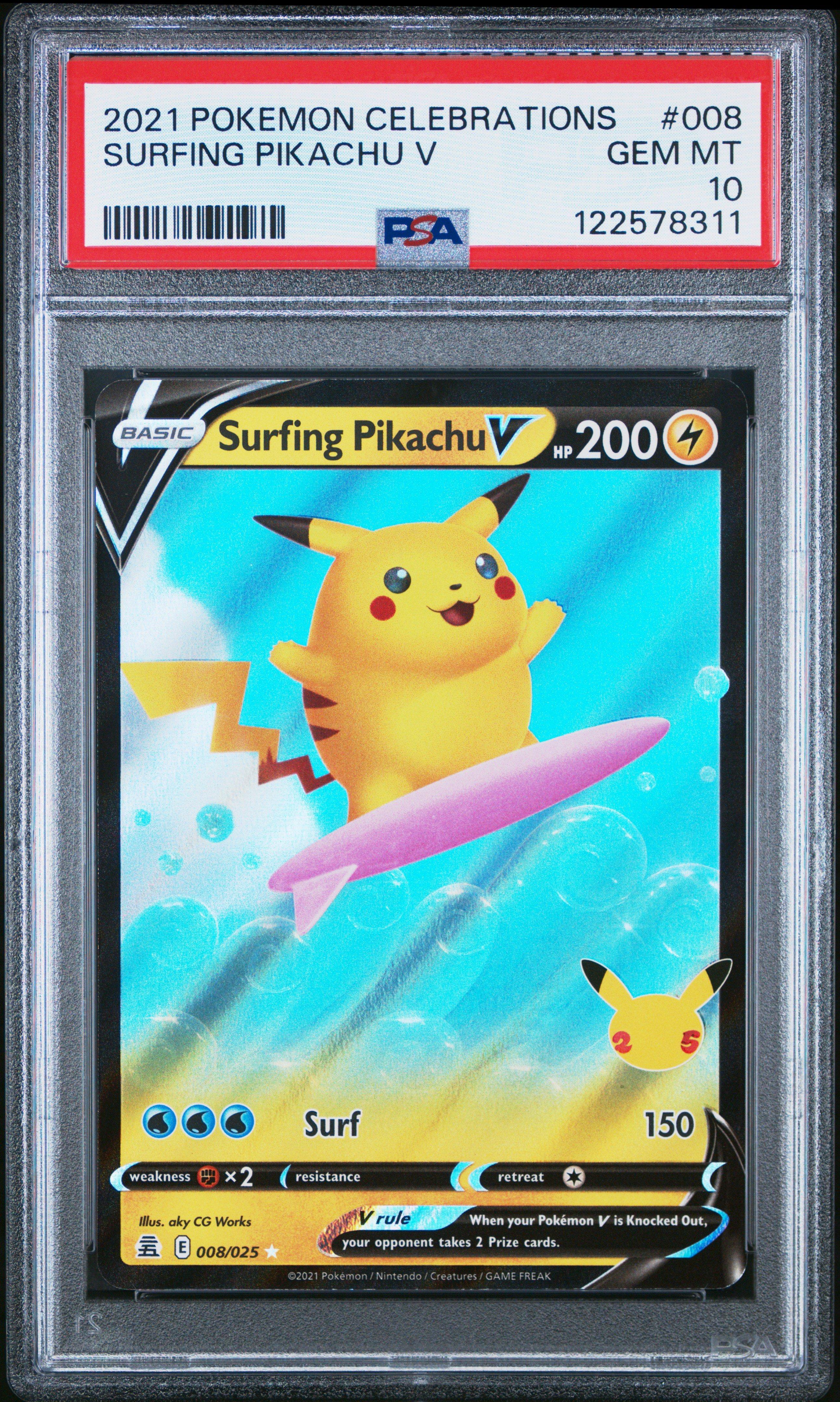 2021 サーフィンピカチュウV PSA10 25周年 2021 Pokemon Celebrations 008 Surfing Pikachu V PSA 10 Graded Card