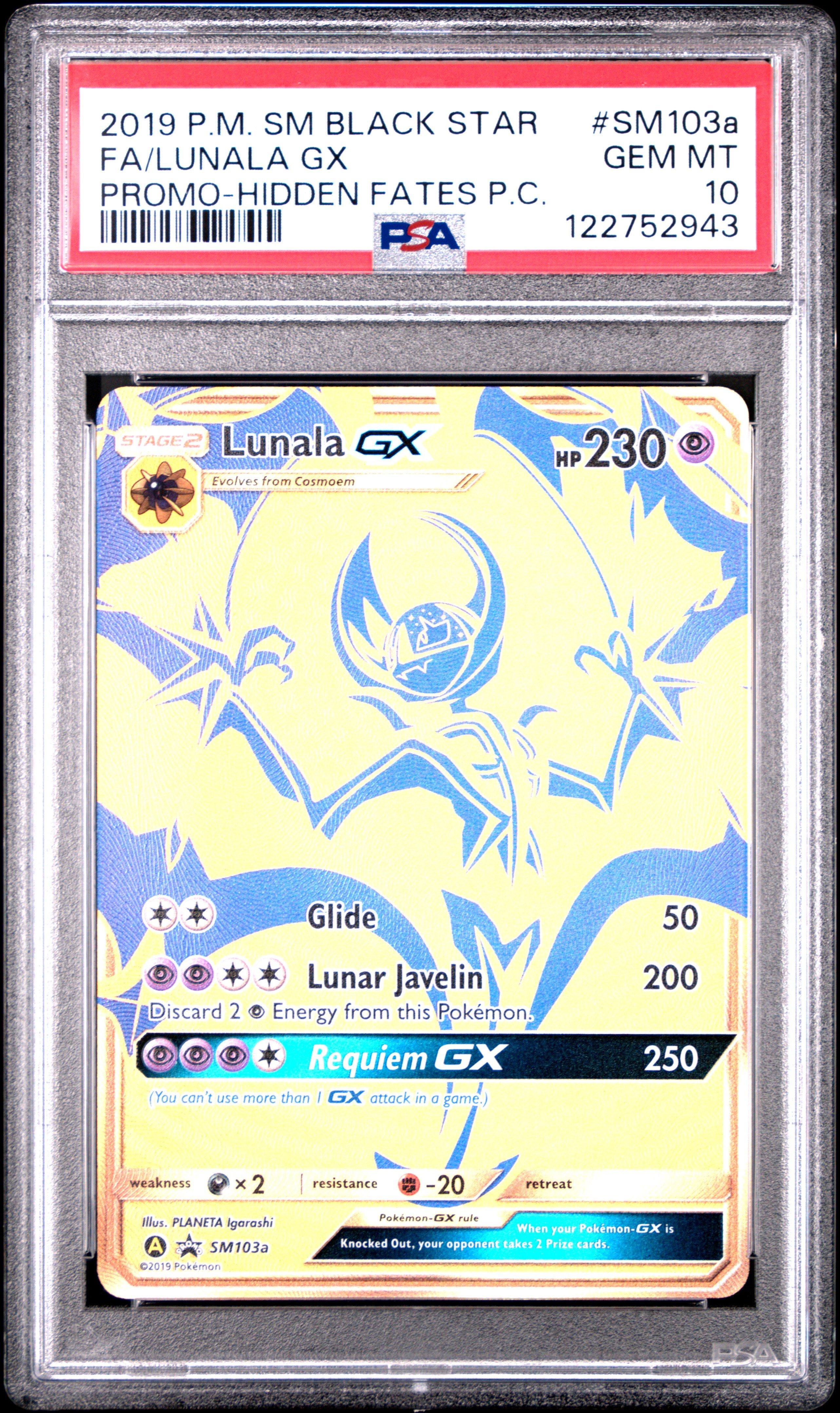2019 Pokemon Sm Black Star Promo Sm103a Full Art/lunala Gx Hidden Fates Premium Collection PSA 10