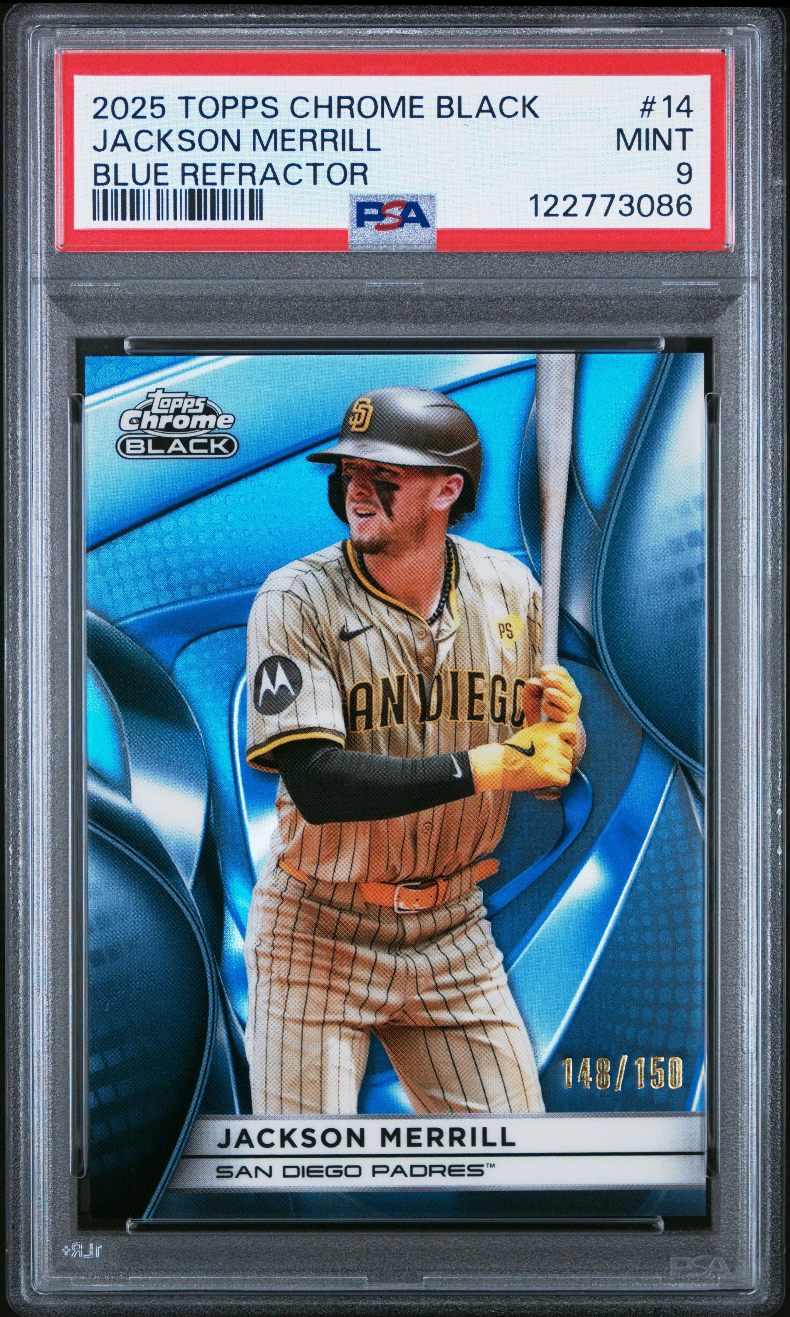 2025 Topps Chrome Black 14 Jackson Merrill Blue Refractor PSA 9