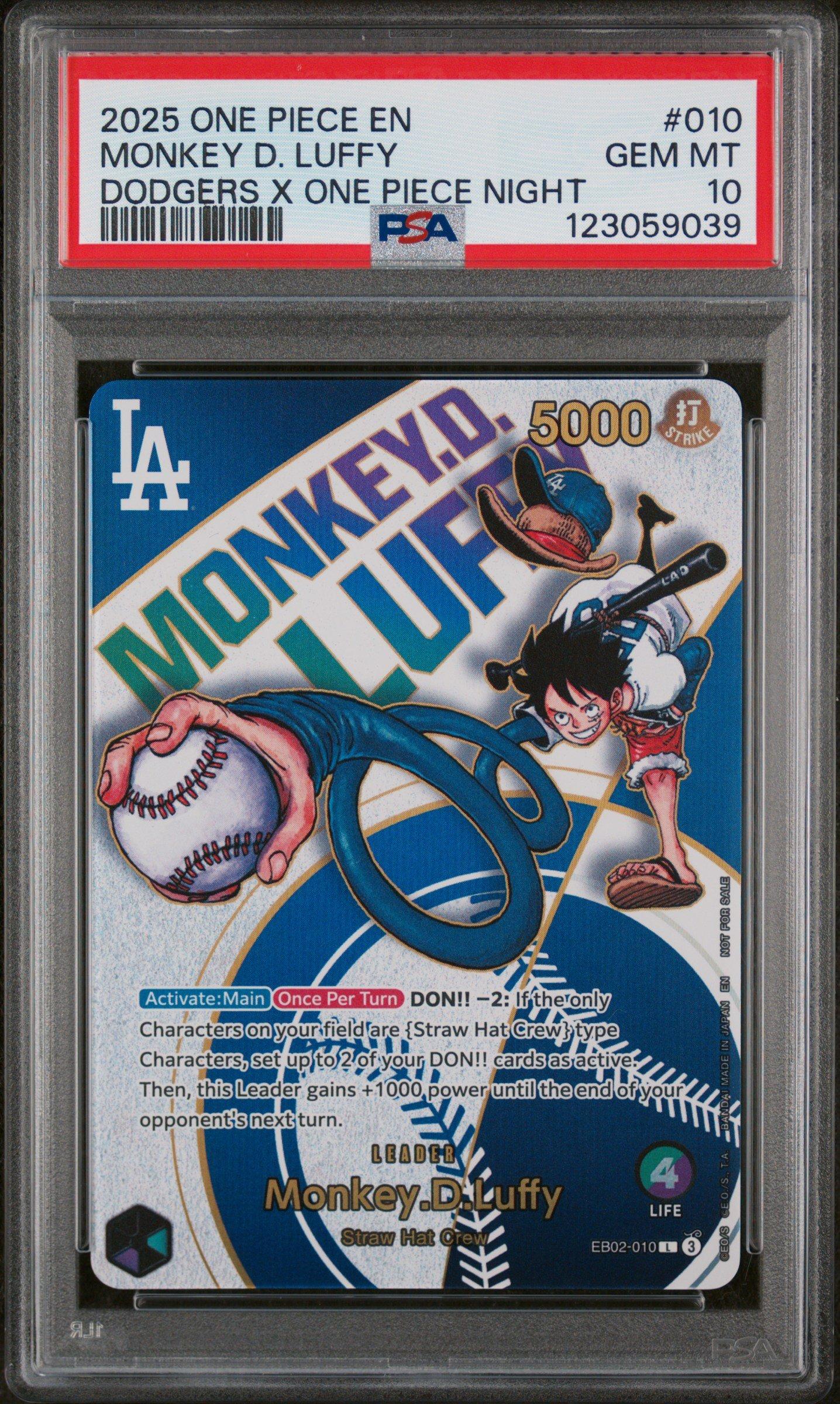 2025 One Piece Promos 010 Monkey D. Luffy Dodgers X One Piece Night PSA 10
