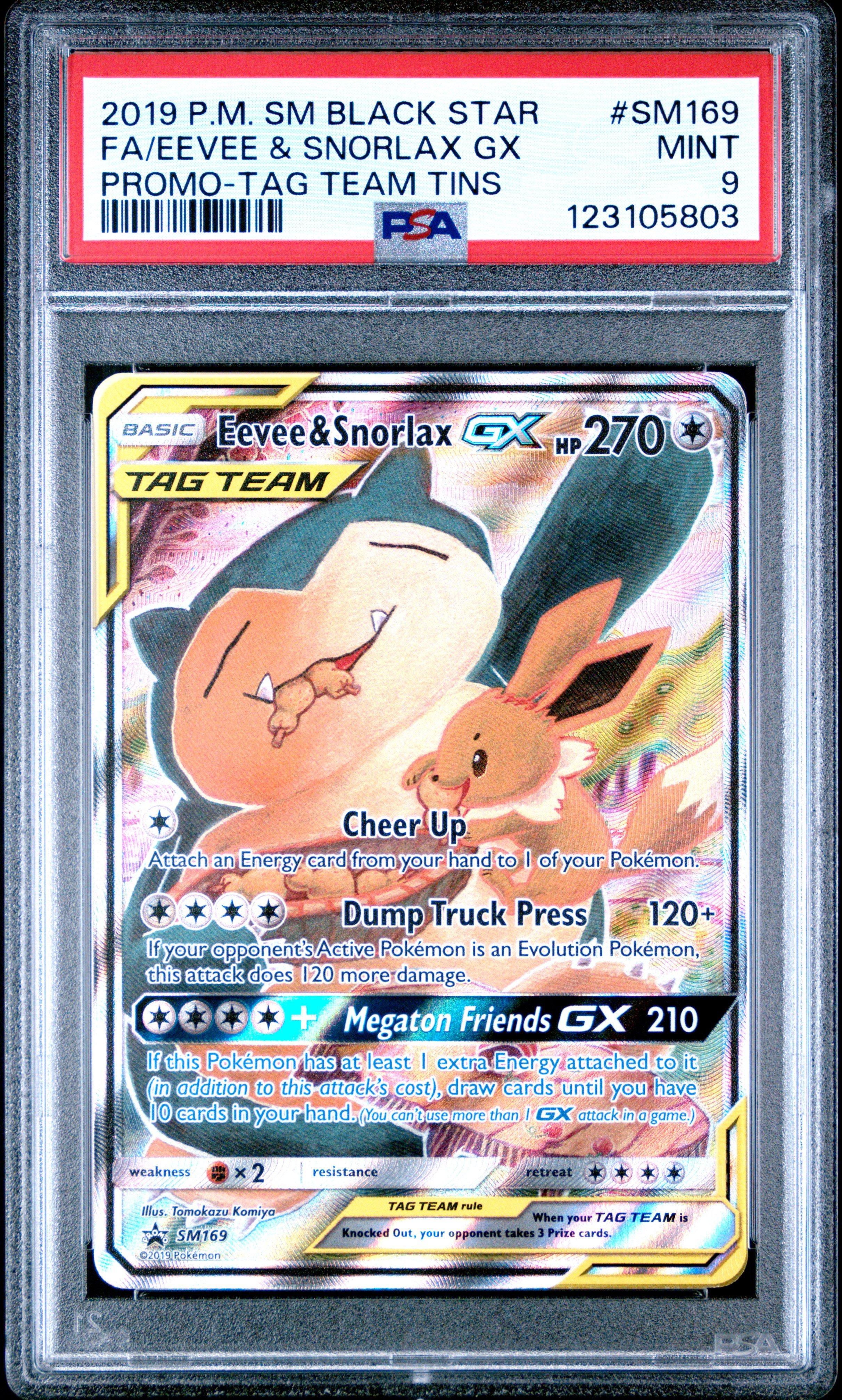2019 Pokemon Sm Black Star Promo Sm169 Full Art/eevee & Snorlax Gx Tag Team Tins PSA