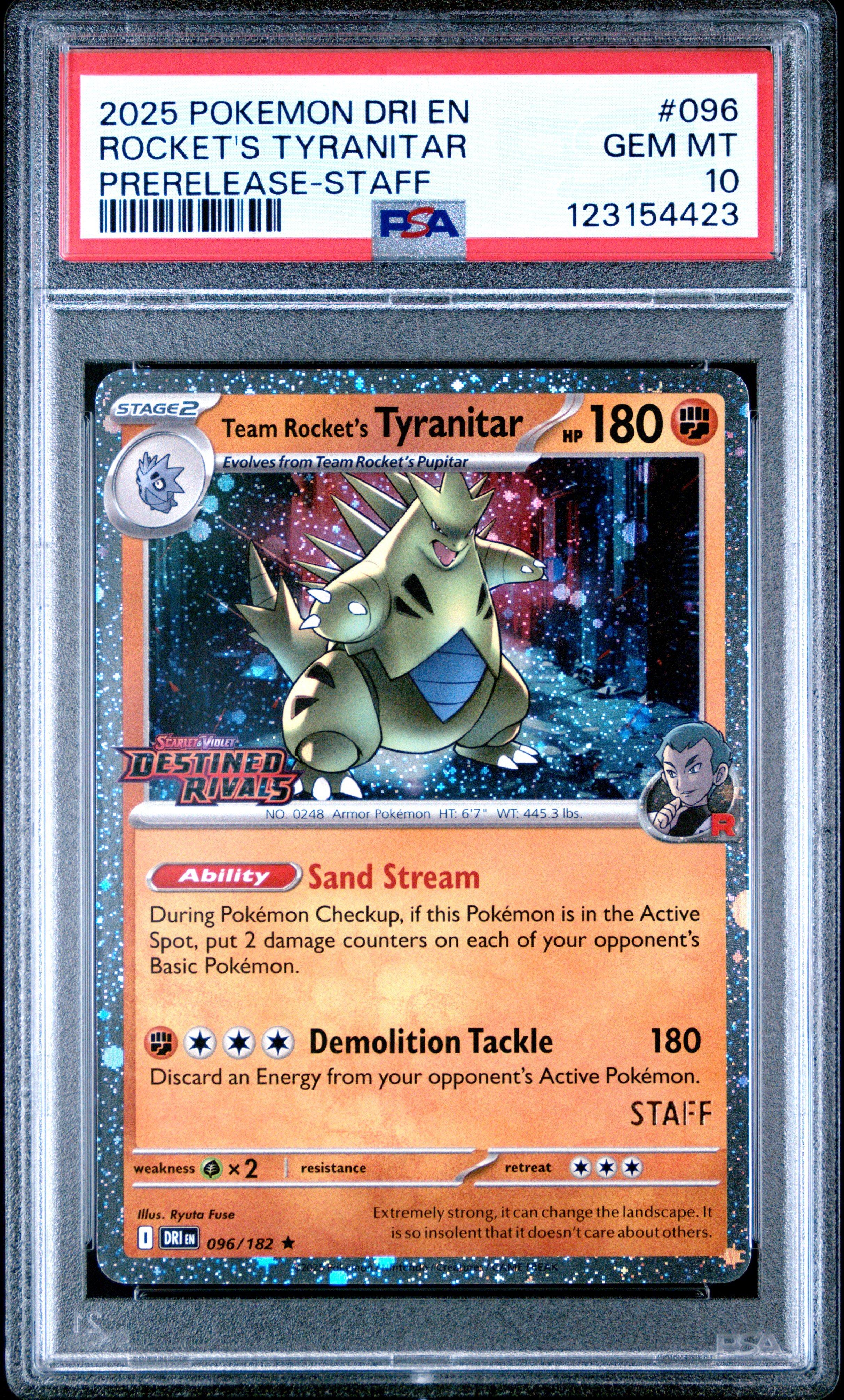 tarif card tahograf rar 2025 2025 Pokemon Dri En-destined Rivals 096 Team Rocket's Tyranitar  Prerelease-staff PSA 10
