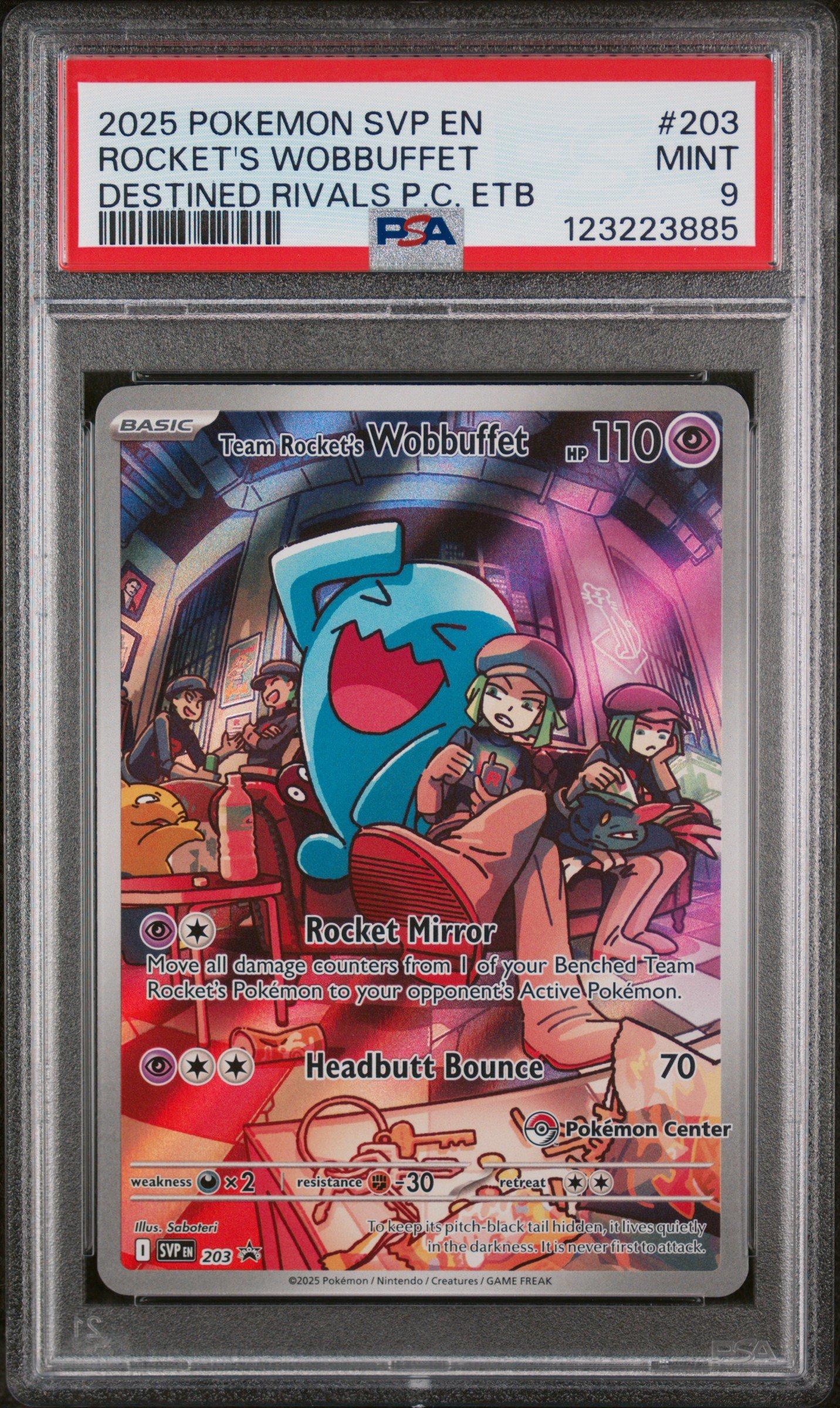 2025 Pokemon Svp En-sv Black Star Promo 203 Team Rocket's Wobbuffet  Destined Rivals Pokemon Center Elite Trainer Box PSA 9