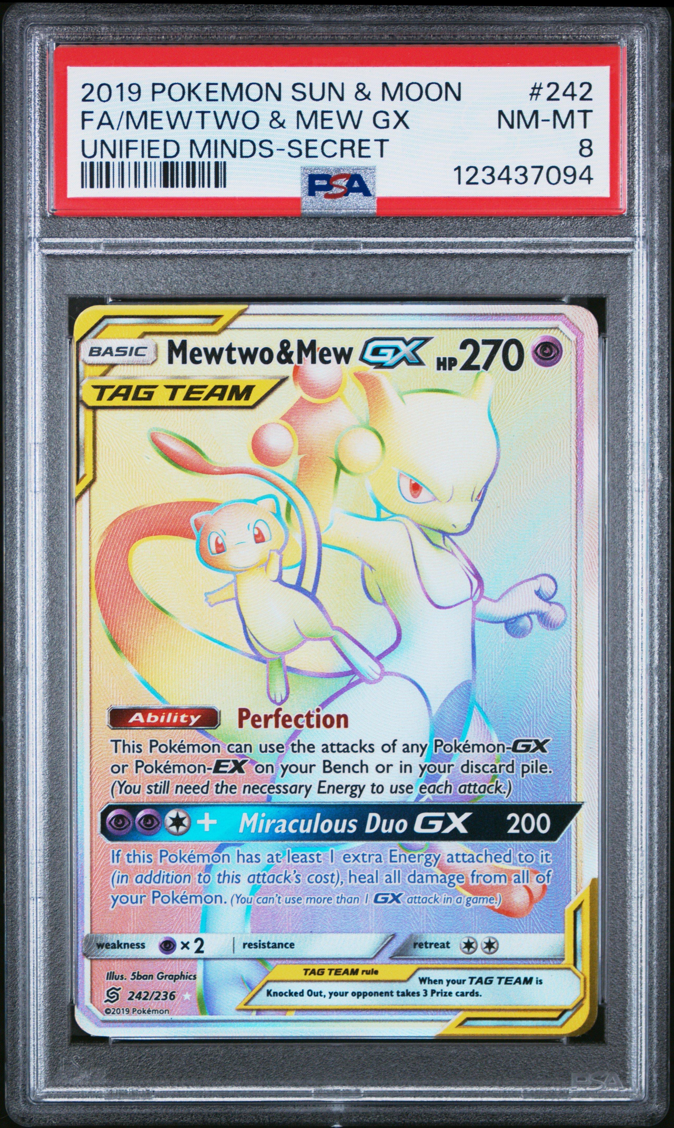 2019 Pokemon Sun & Moon Unified Minds 242 Full Art/mewtwo & Mew Gx