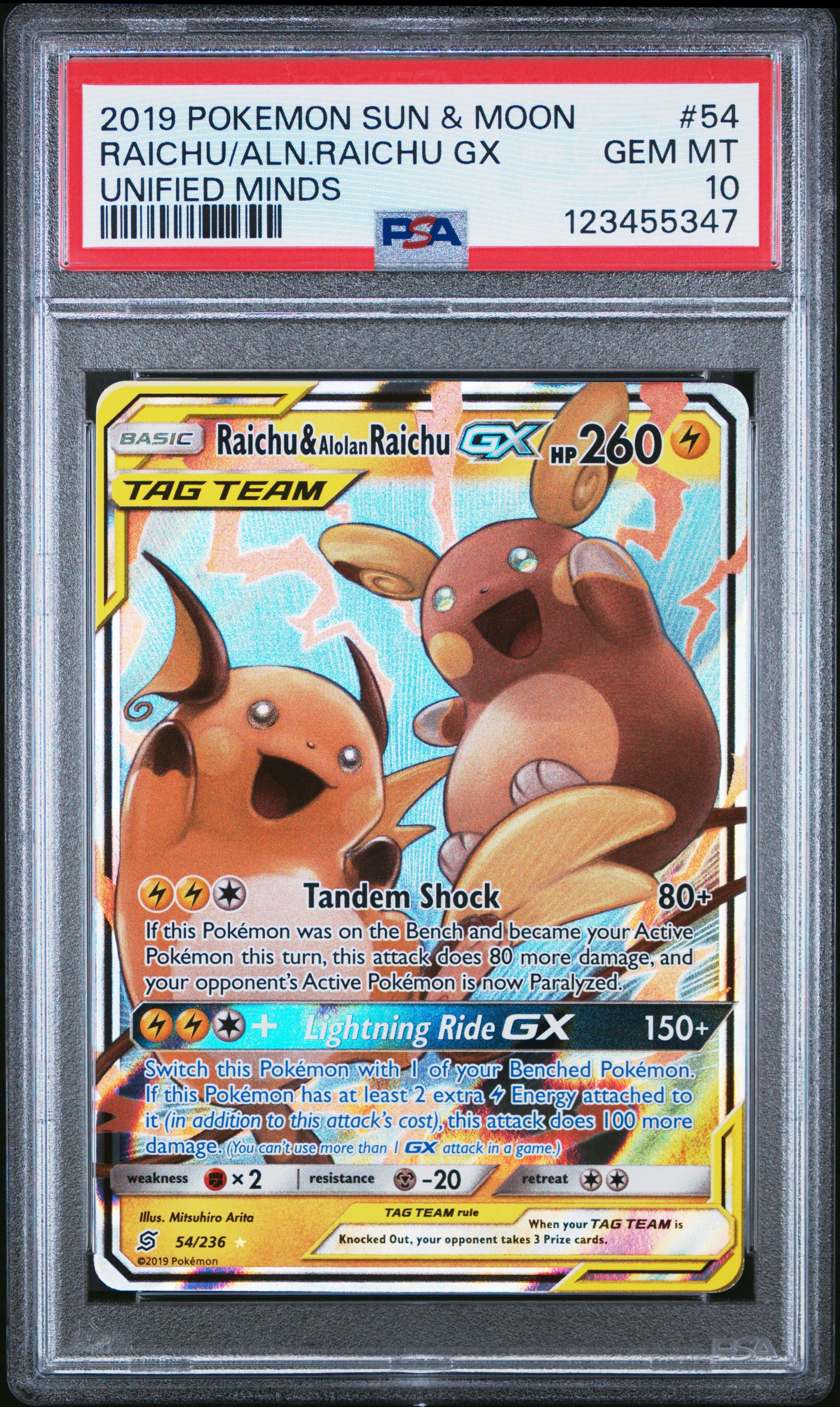ポケモンカードゲーム Raichu & Alolan Raichu GX PSA 10 2019 Pokemon Sun & Moon Unified Minds 54 Raichu & Alolan Raichu Gx