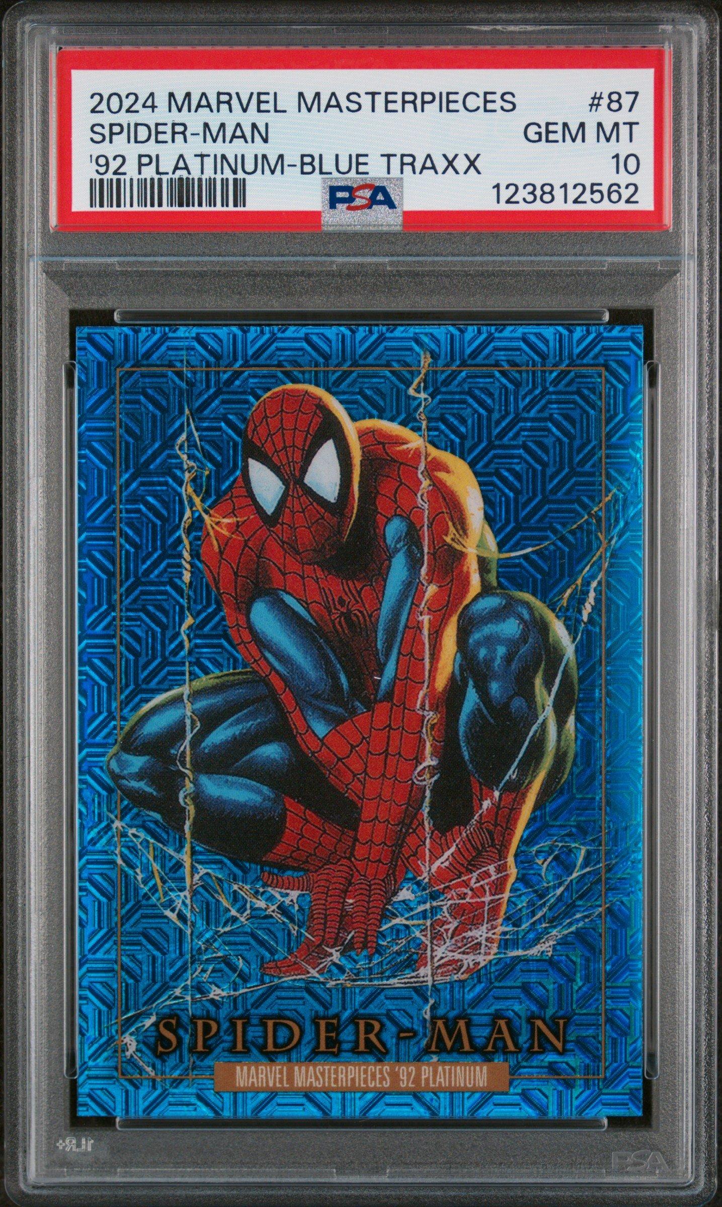 2024 Upper Deck Marvel Masterpieces '92 Platinum 87 Spider-man Blue Traxx PSA 10