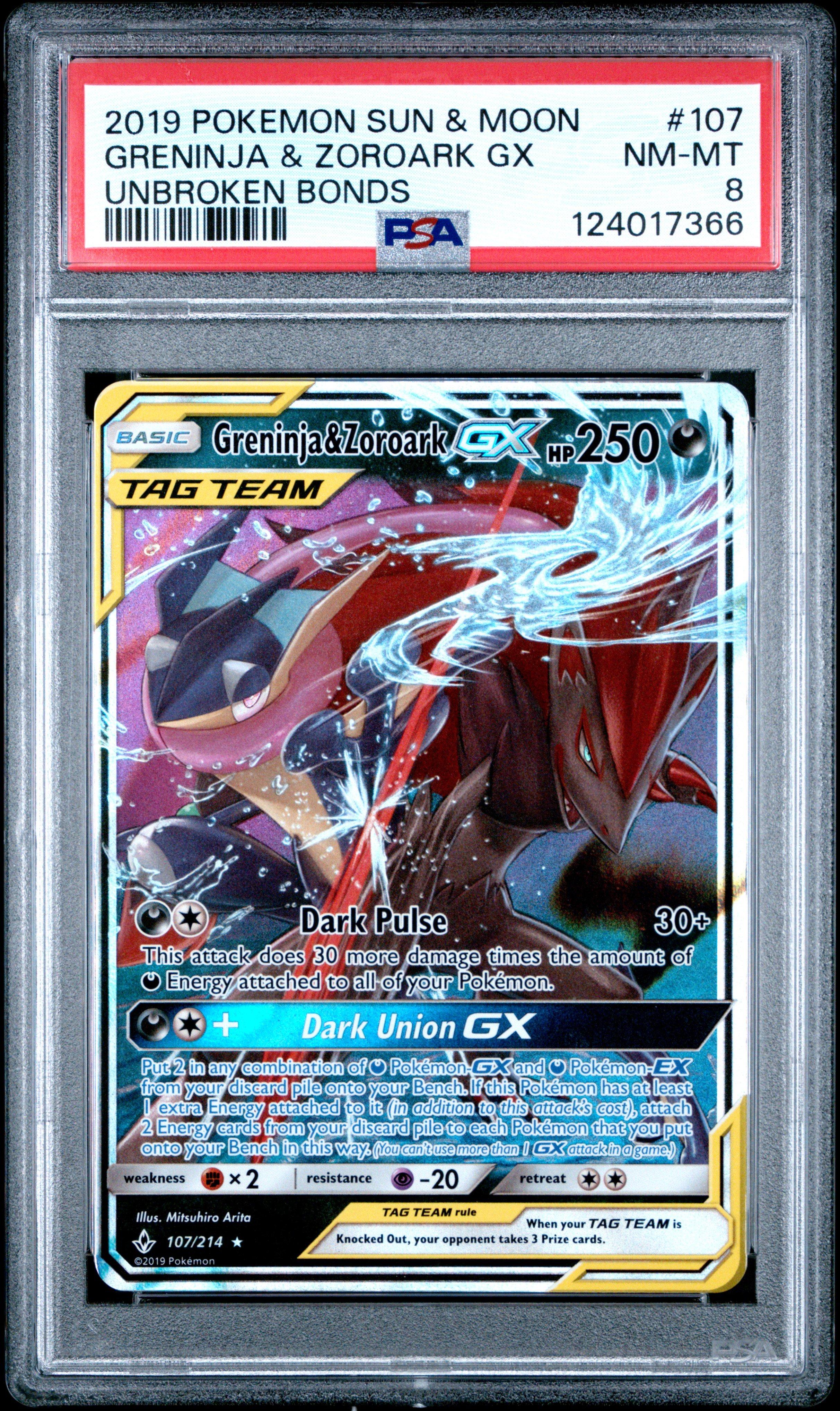 2019 Pokemon Sun & Moon Unbroken Bonds 107 Greninja & Zoroark Gx PSA