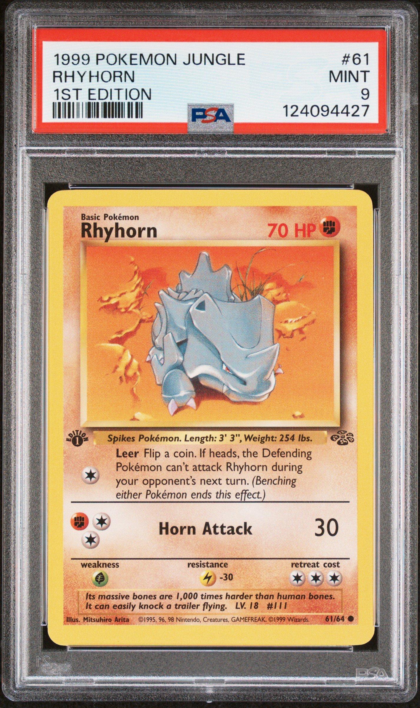 1995 rhyhorn pokemon card 1999 Pokemon Jungle 61 Rhyhorn 1st Edition PSA 9 Graded Card