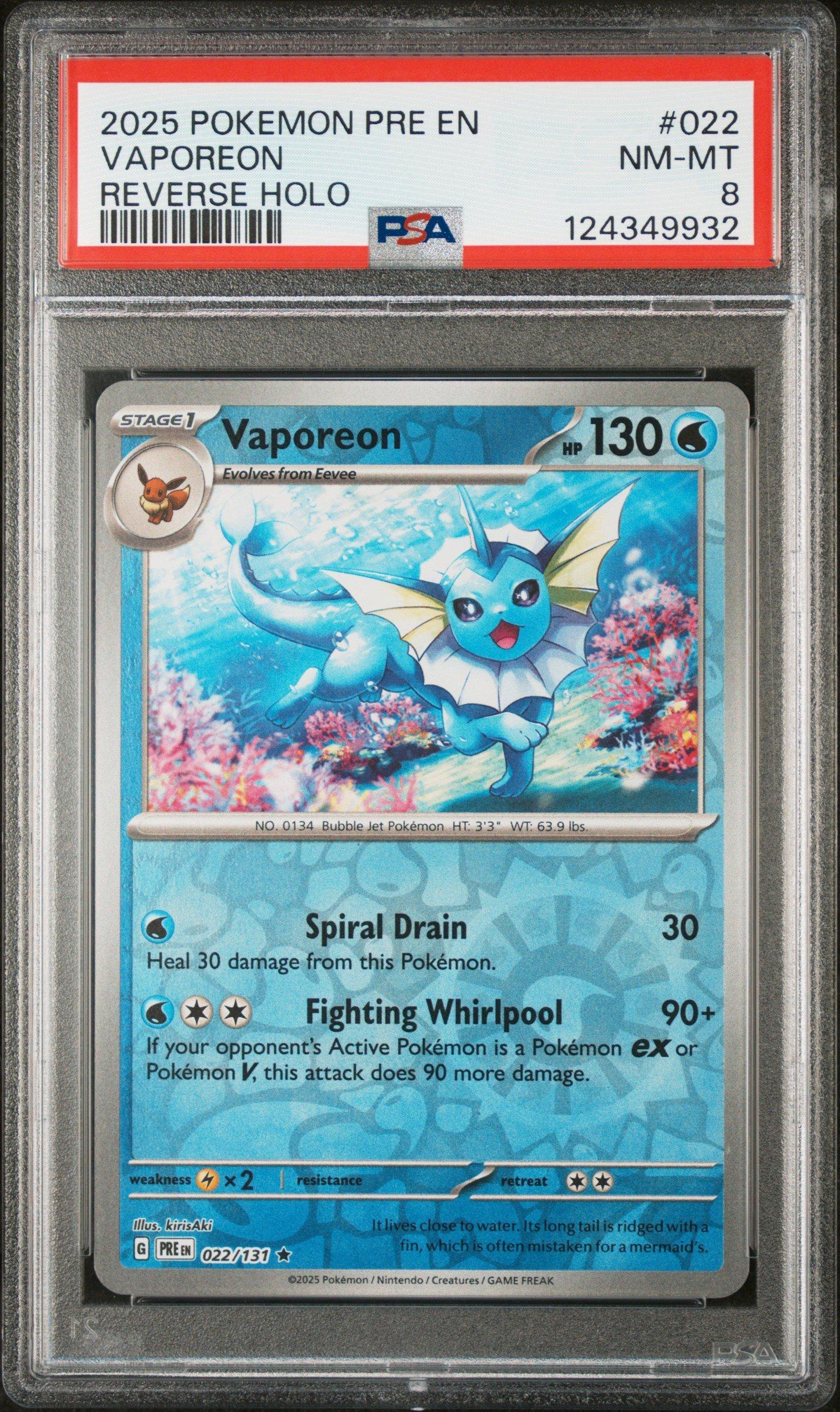 2025 Pokemon Pre En-prismatic Evolutions 022 Vaporeon Reverse Holo PSA 8