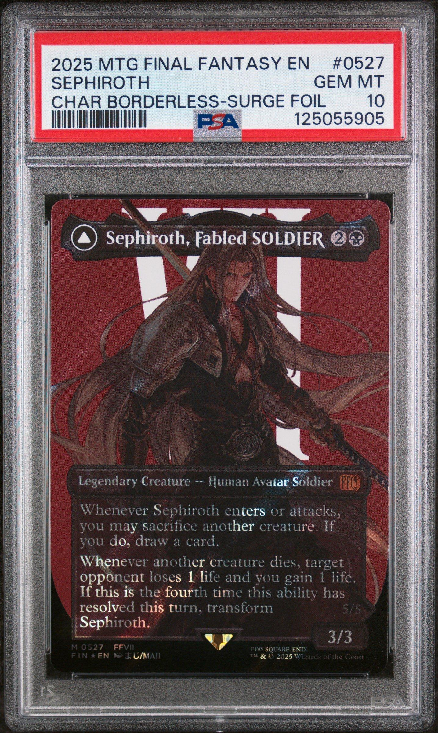 2025 Magic The Gathering Final Fantasy 0527 Sephiroth, Fabled Soldier/sephiroth, One-winged Angel Character Borderless-surge Foil PSA 10