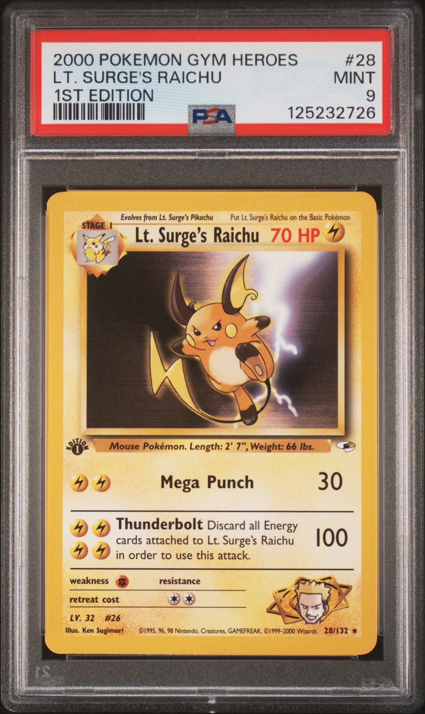 gym heroes pokemon cards 2000 Pokemon Gym Heroes 28 Lt. Surge's Raichu 1st Edition PSA 9