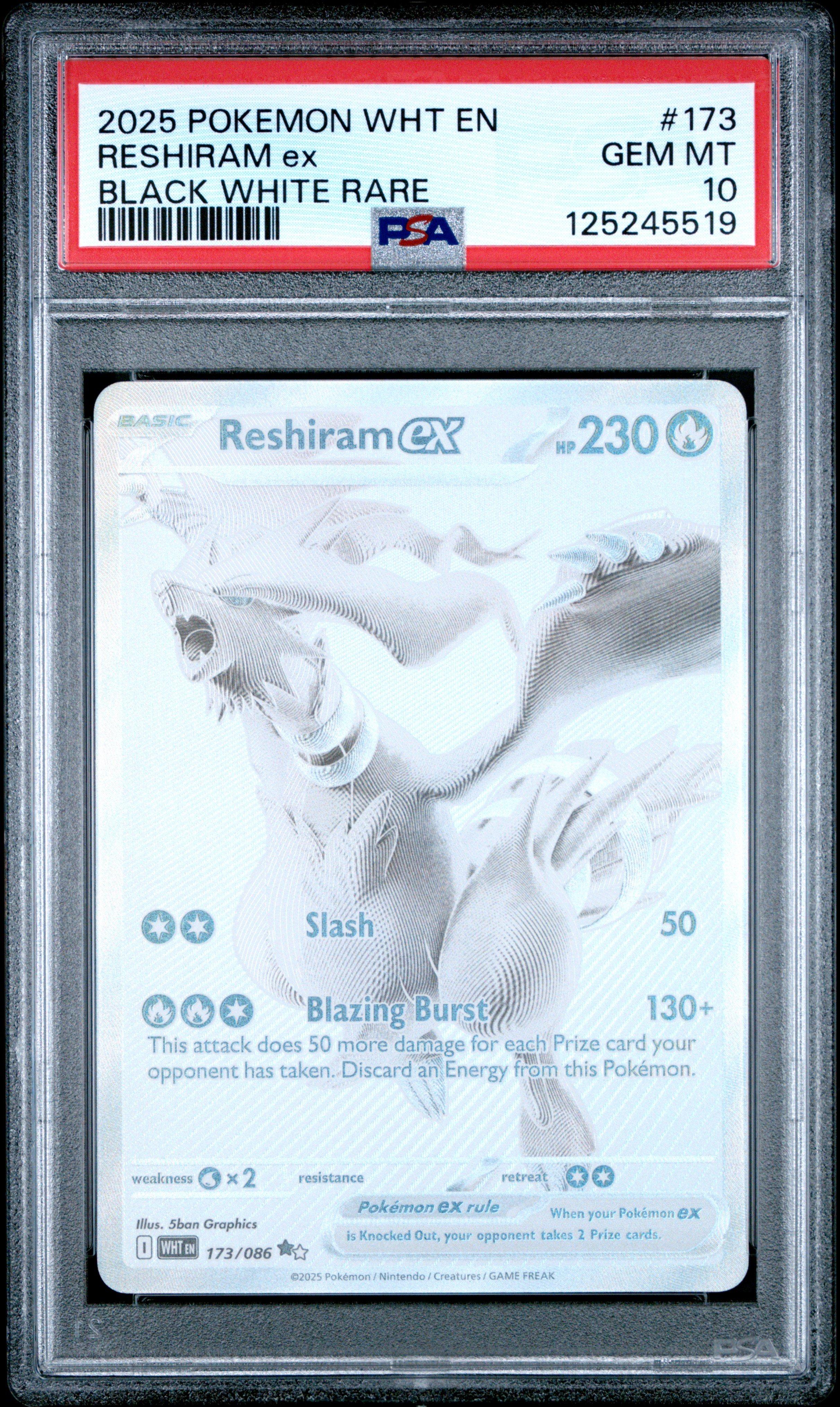 2025 Pokemon Wht En-white Flare 173 Reshiram Ex Black White Rare PSA