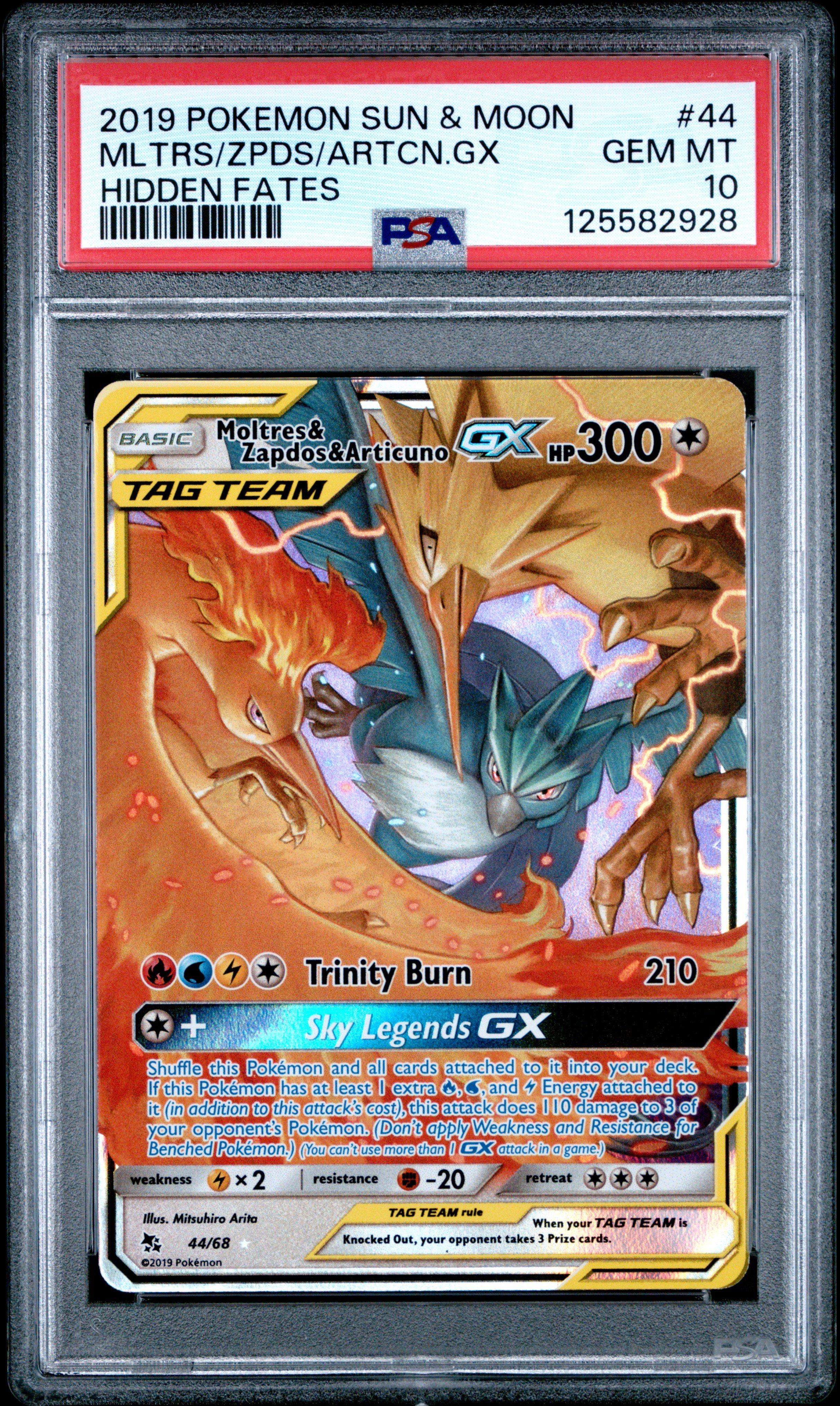 2019 Pokemon Sun & Moon Hidden Fates 44 Moltres & Zapdos & Articuno Gx PSA  10