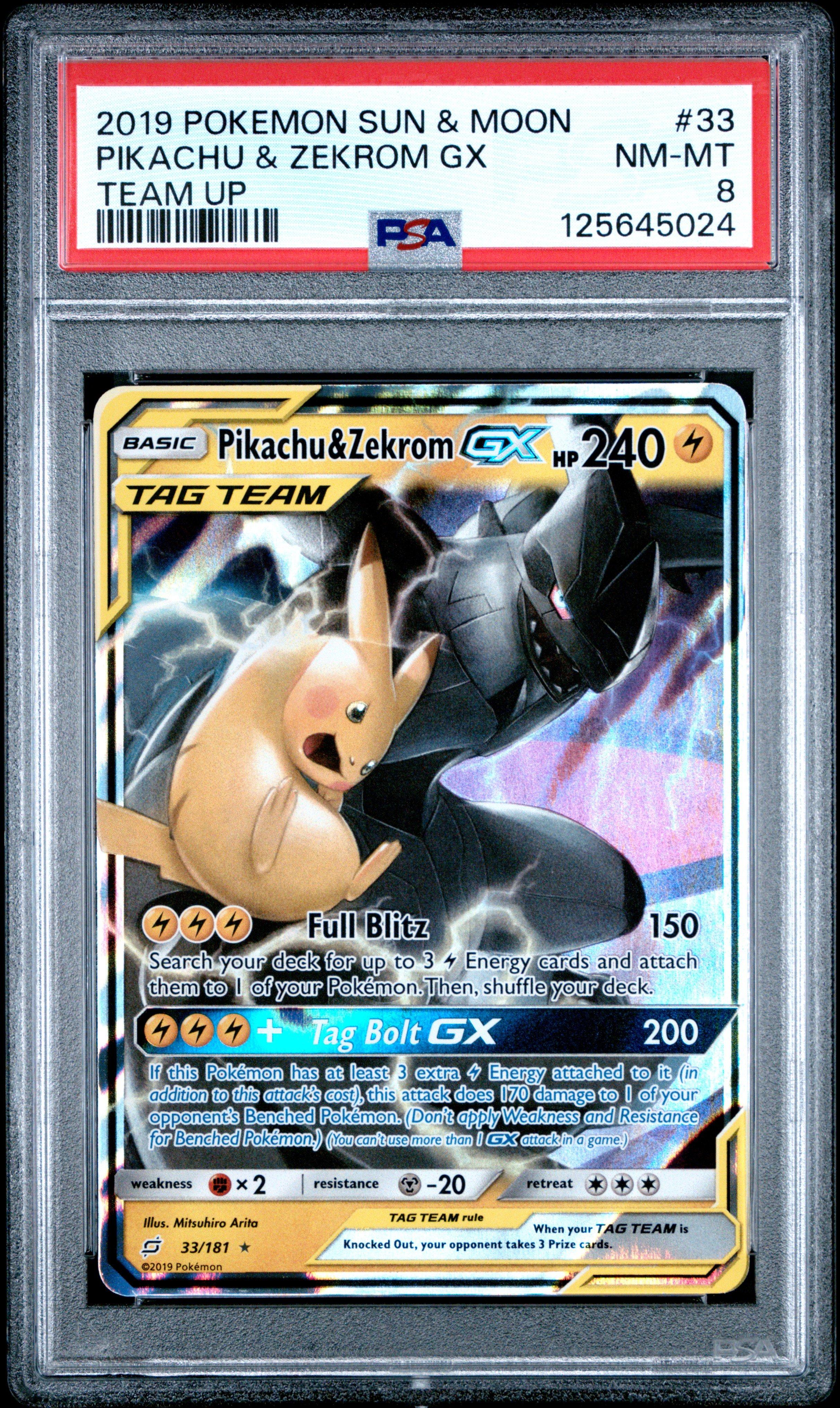 2019 Pokemon Sun & Moon Team Up 33 Pikachu & Zekrom Gx PSA 8