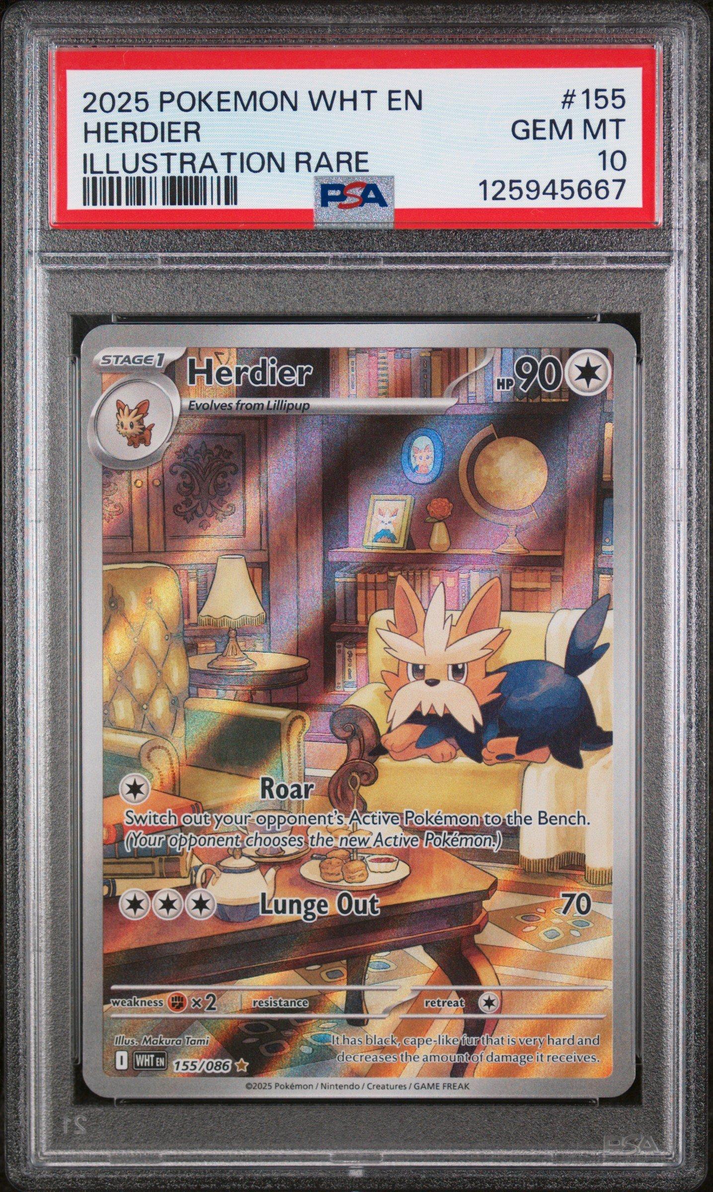2025 Pokemon Wht En-white Flare 155 Herdier Illustration Rare PSA